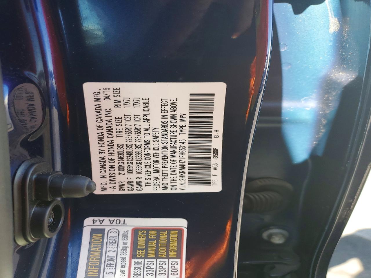2015 Honda Cr-v Exl Blue vin: 2HKRM4H71FH653145
