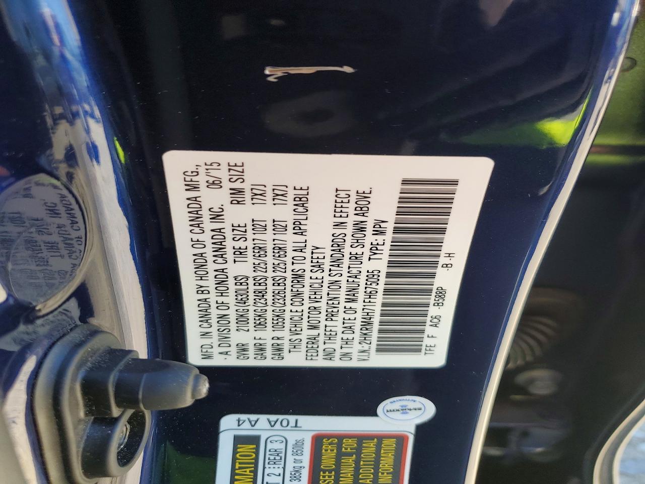 2015 Honda Cr-v Exl Blue vin: 2HKRM4H71FH675095