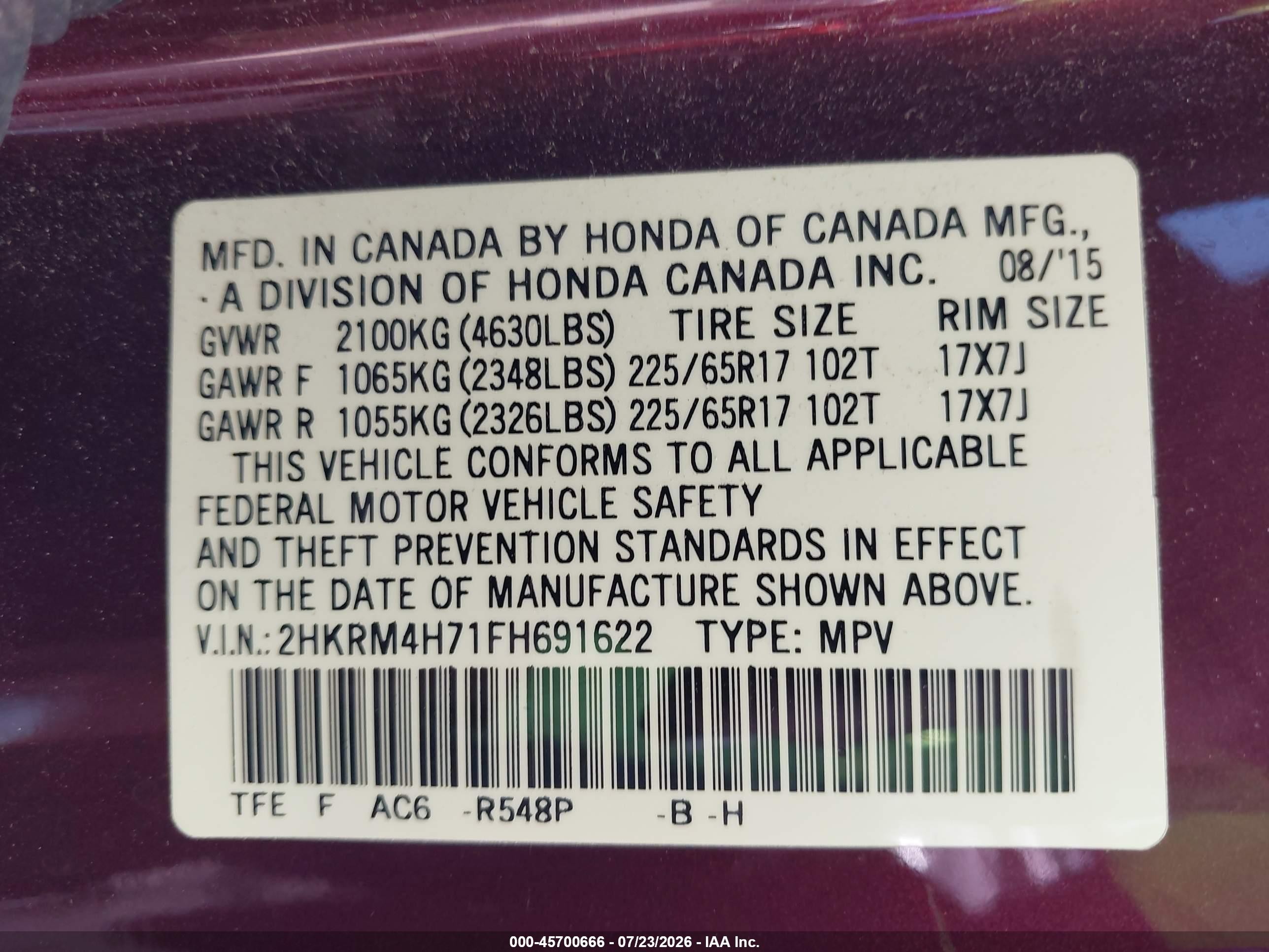 2015 Honda Cr-v Ex-l Maroon vin: 2HKRM4H71FH691622