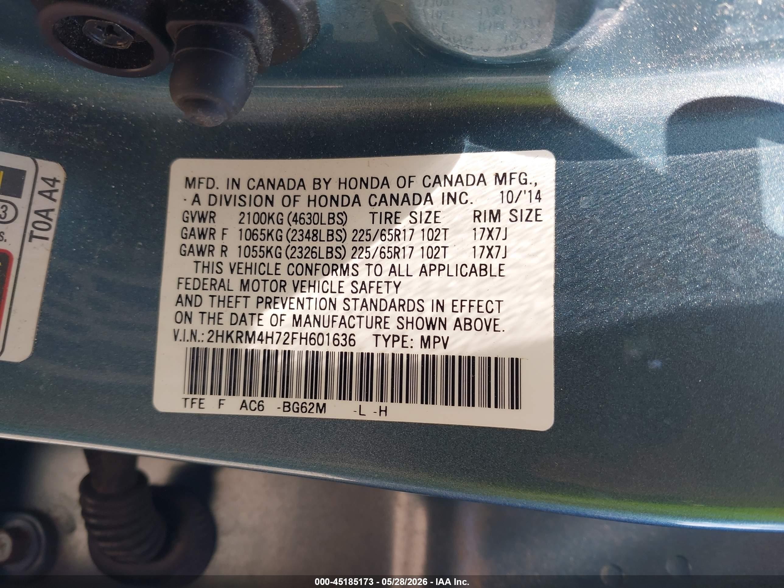 2015 Honda Cr-v Ex-l Blue vin: 2HKRM4H72FH601636