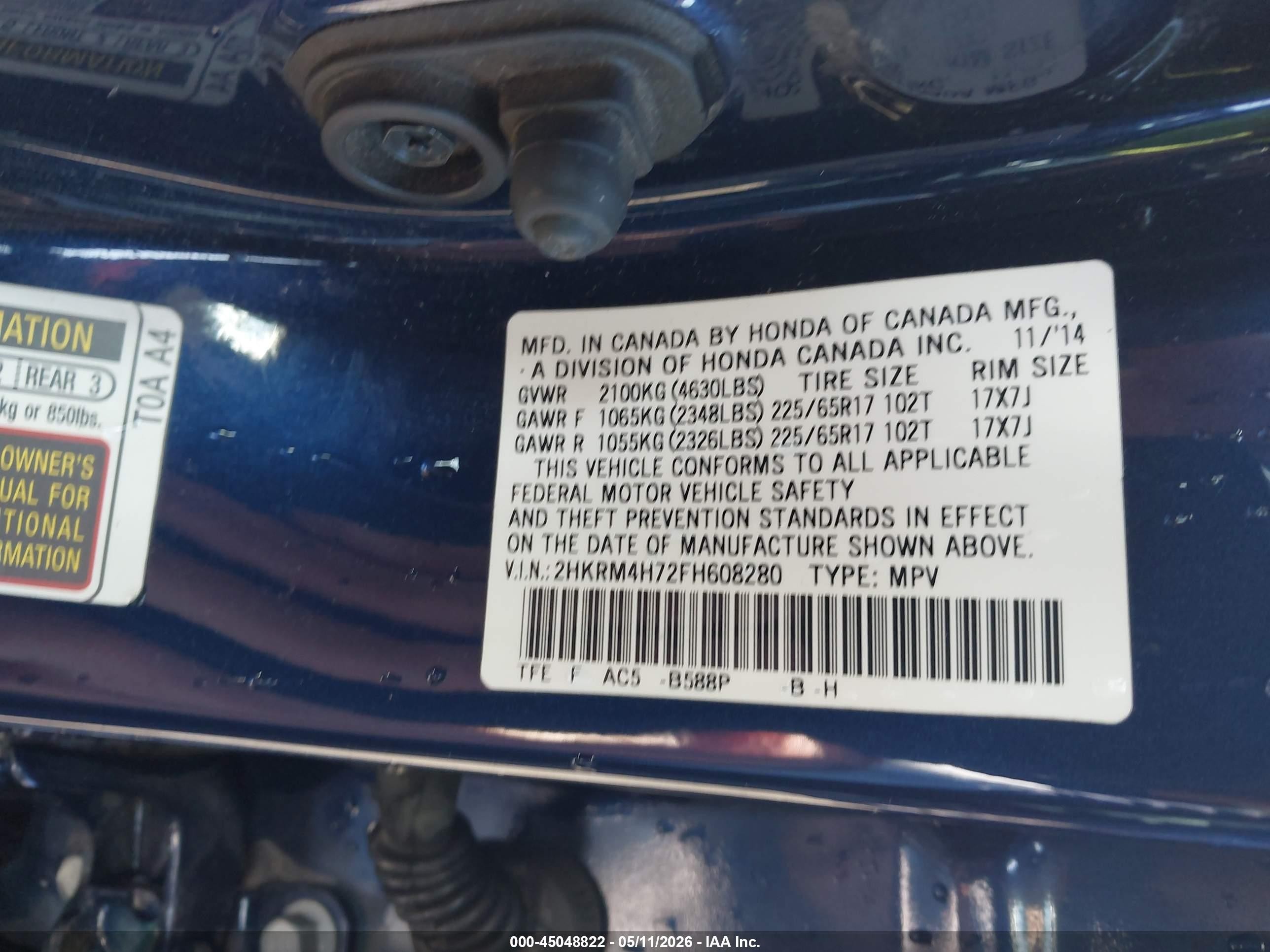 2015 Honda Cr-v Ex-l Dark Blue vin: 2HKRM4H72FH608280
