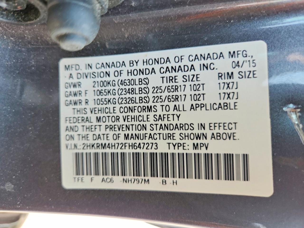 2015 Honda Cr-v Exl Charcoal vin: 2HKRM4H72FH647273
