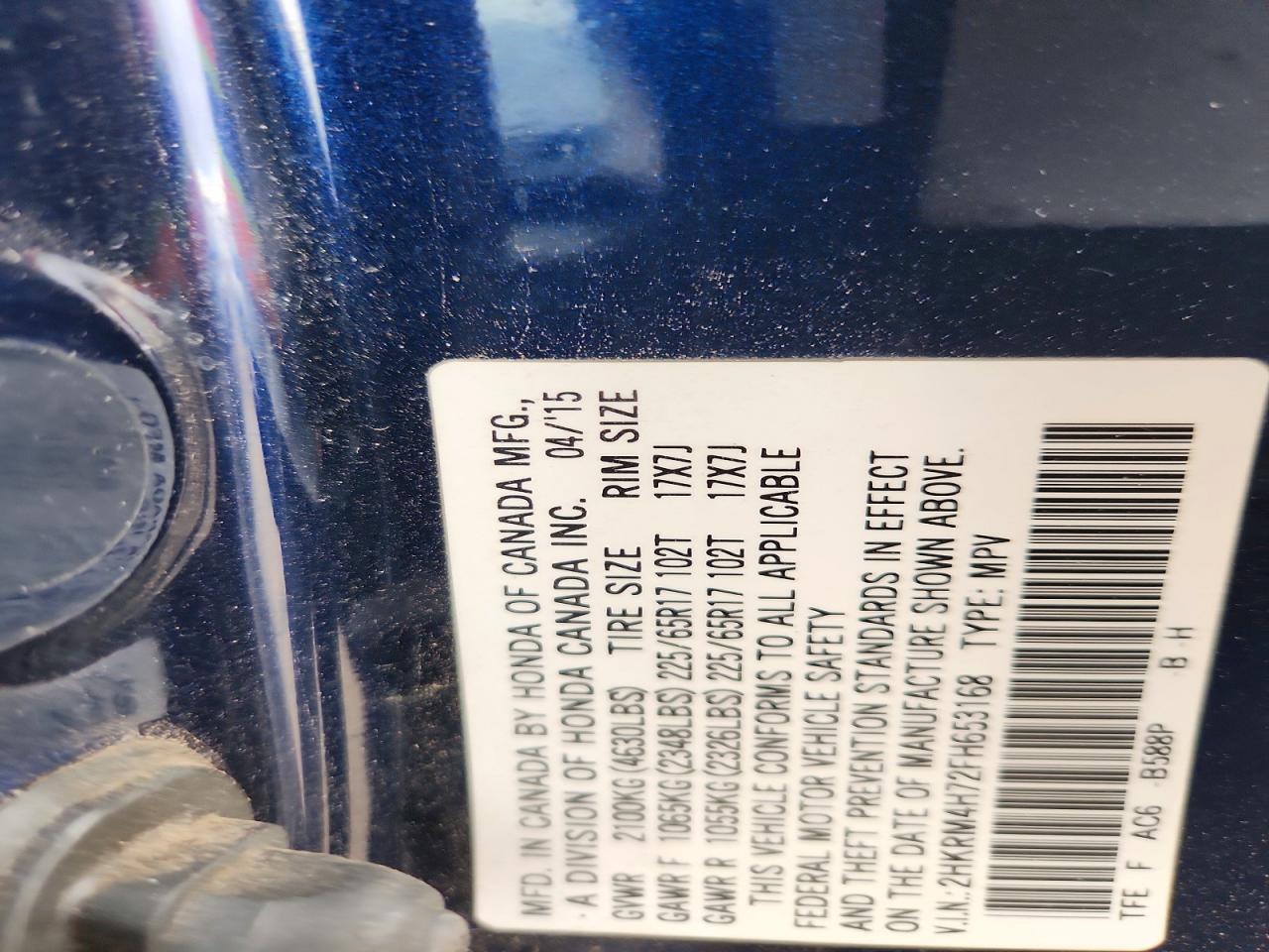 2015 Honda Cr-v Exl Blue vin: 2HKRM4H72FH653168