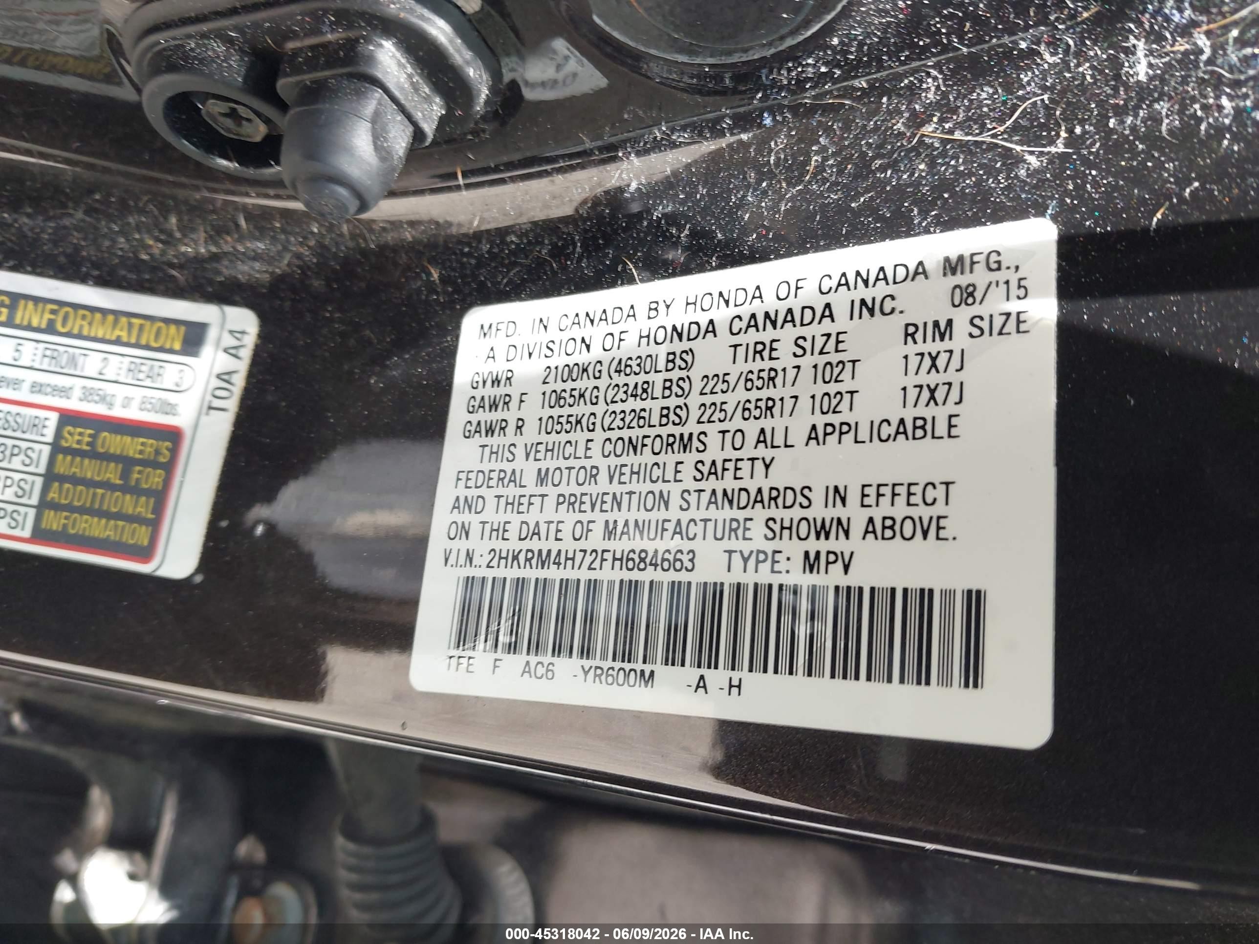 2015 Honda Cr-v Ex-l Black vin: 2HKRM4H72FH684663