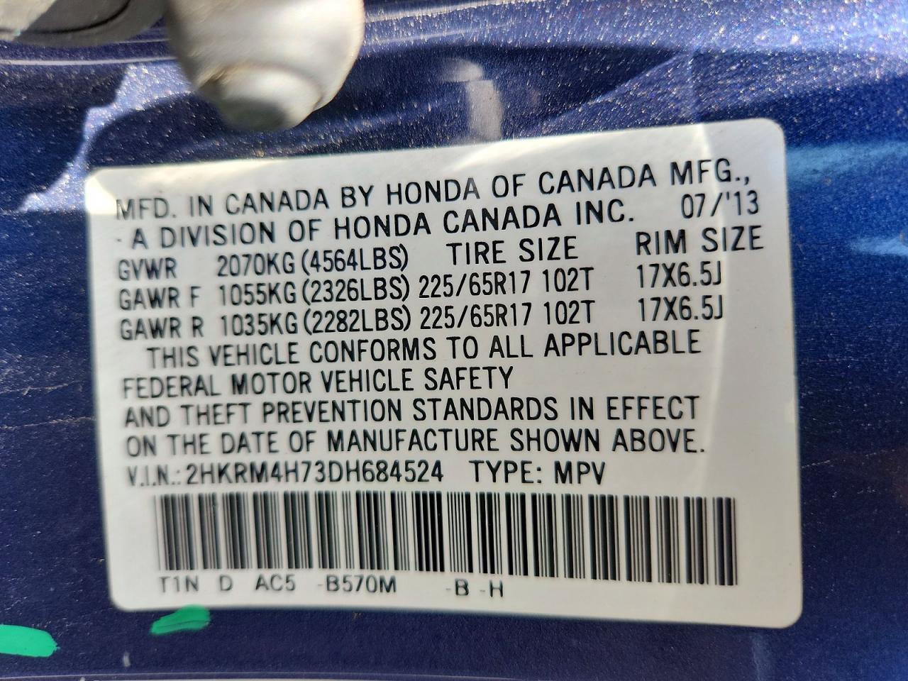2013 Honda Cr-v Exl Blue vin: 2HKRM4H73DH684524