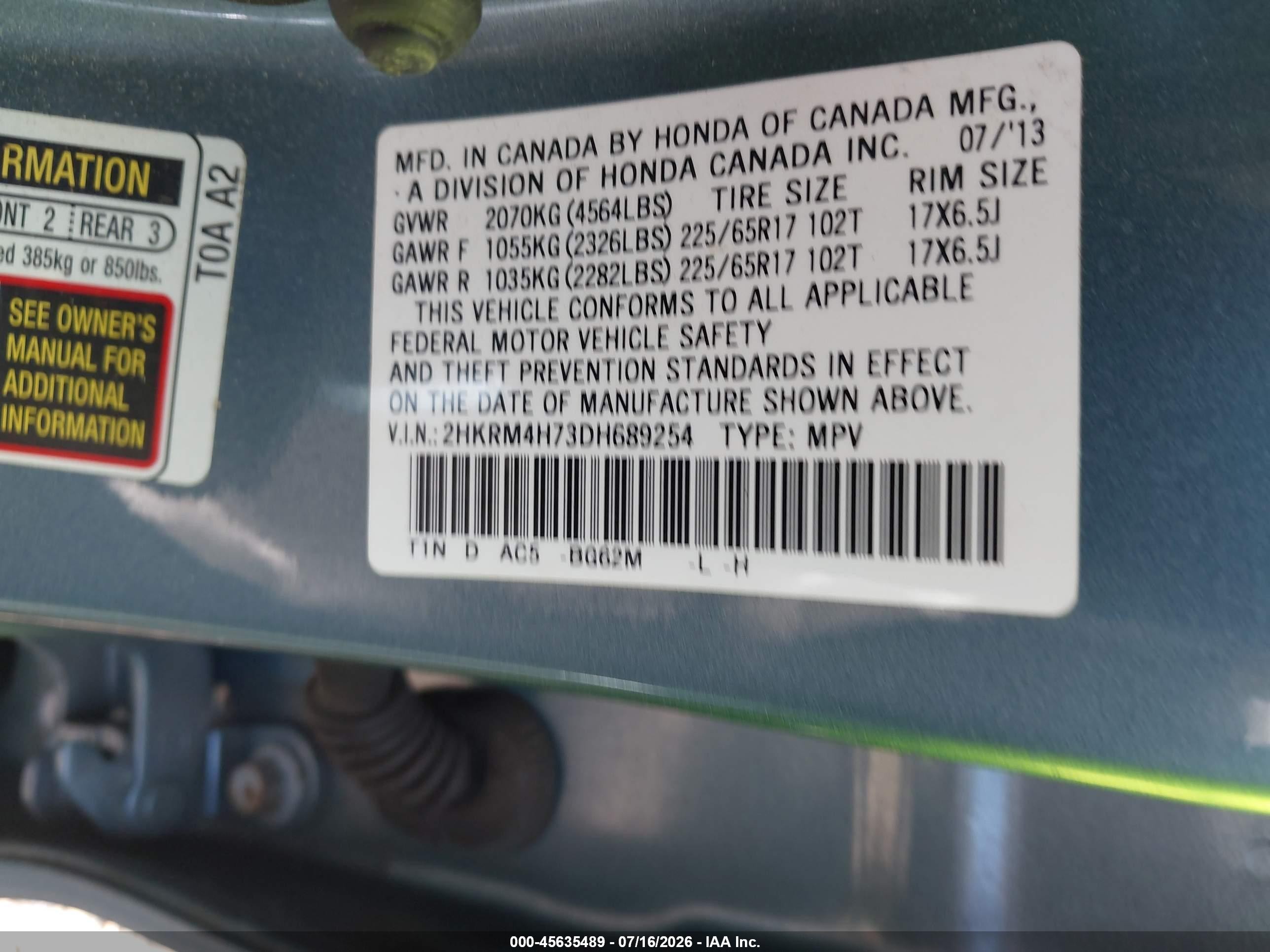 2013 Honda Cr-v Ex-l Light Blue vin: 2HKRM4H73DH689254