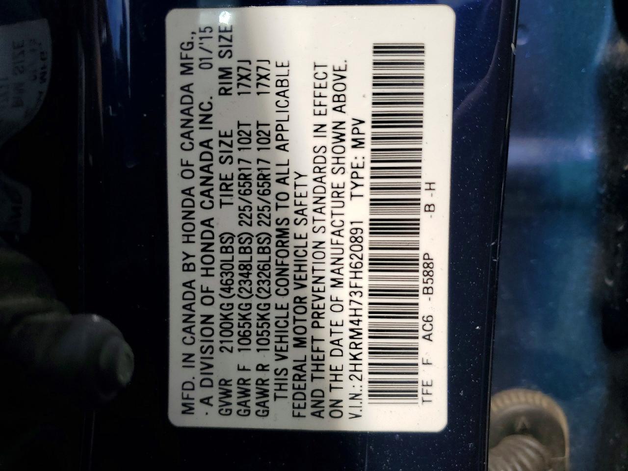 2015 Honda Cr-v Exl Blue vin: 2HKRM4H73FH620891
