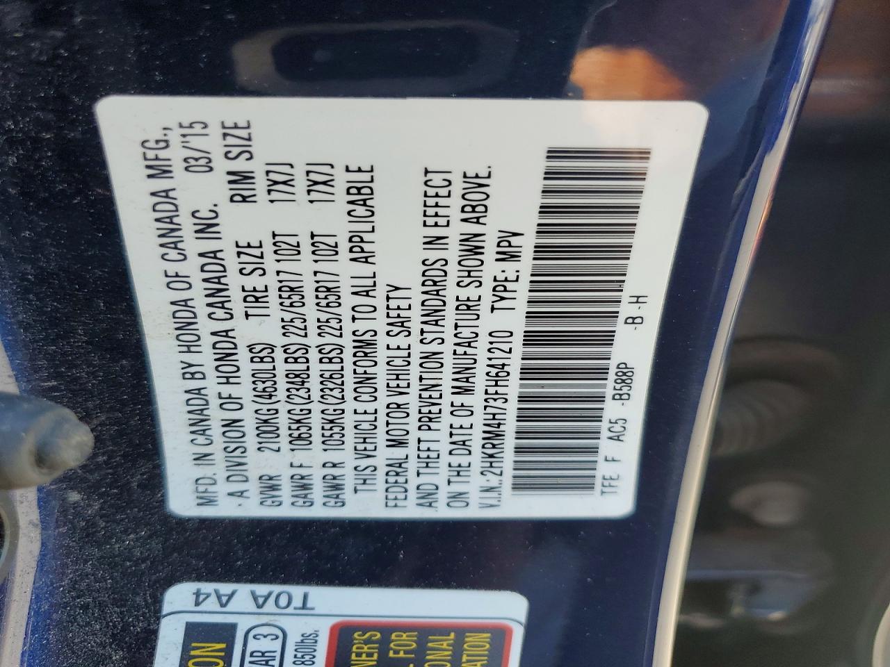 2015 Honda Cr-v Exl Blue vin: 2HKRM4H73FH641210