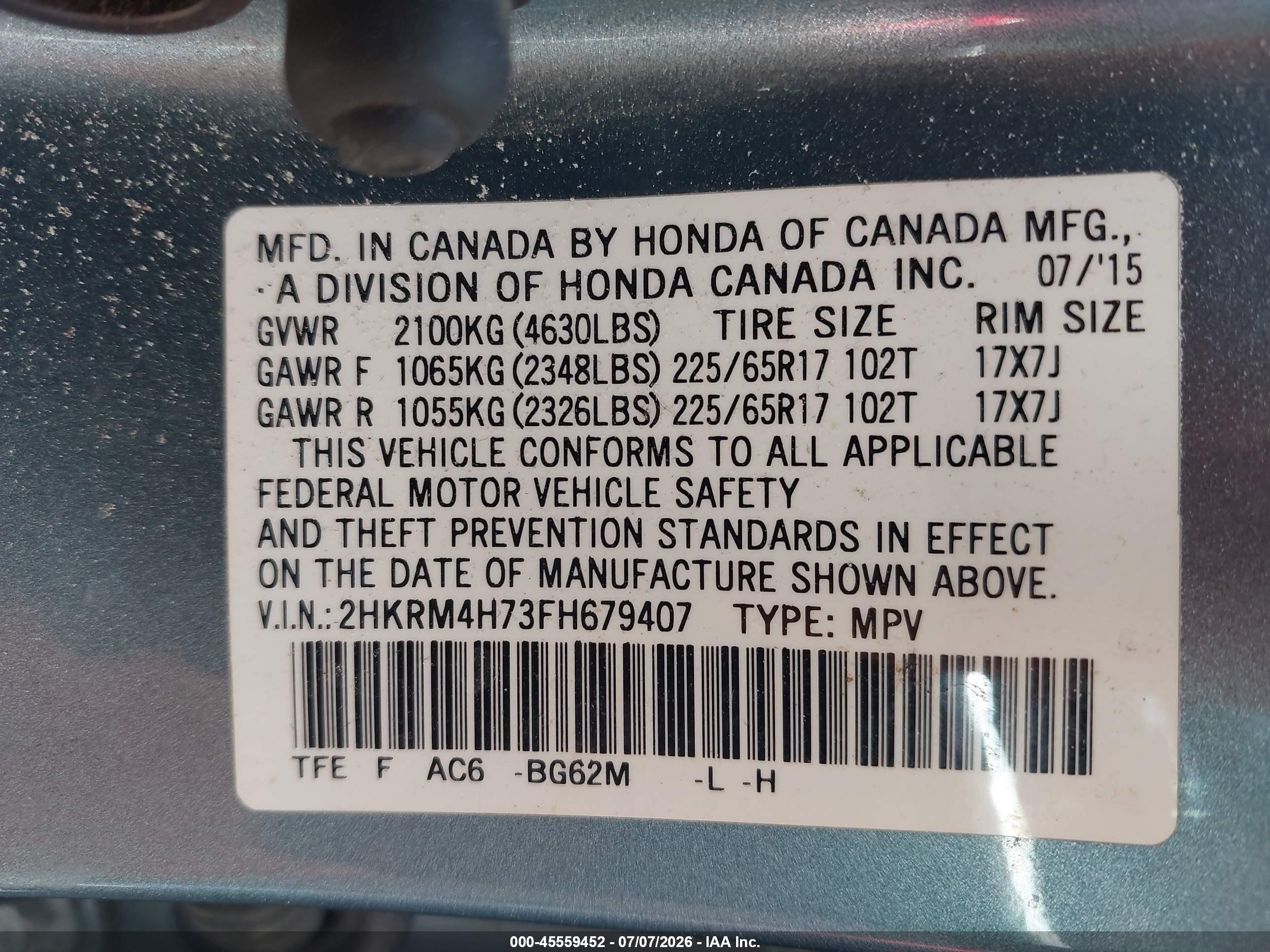 2015 Honda Cr-v Ex-l Blue vin: 2HKRM4H73FH679407