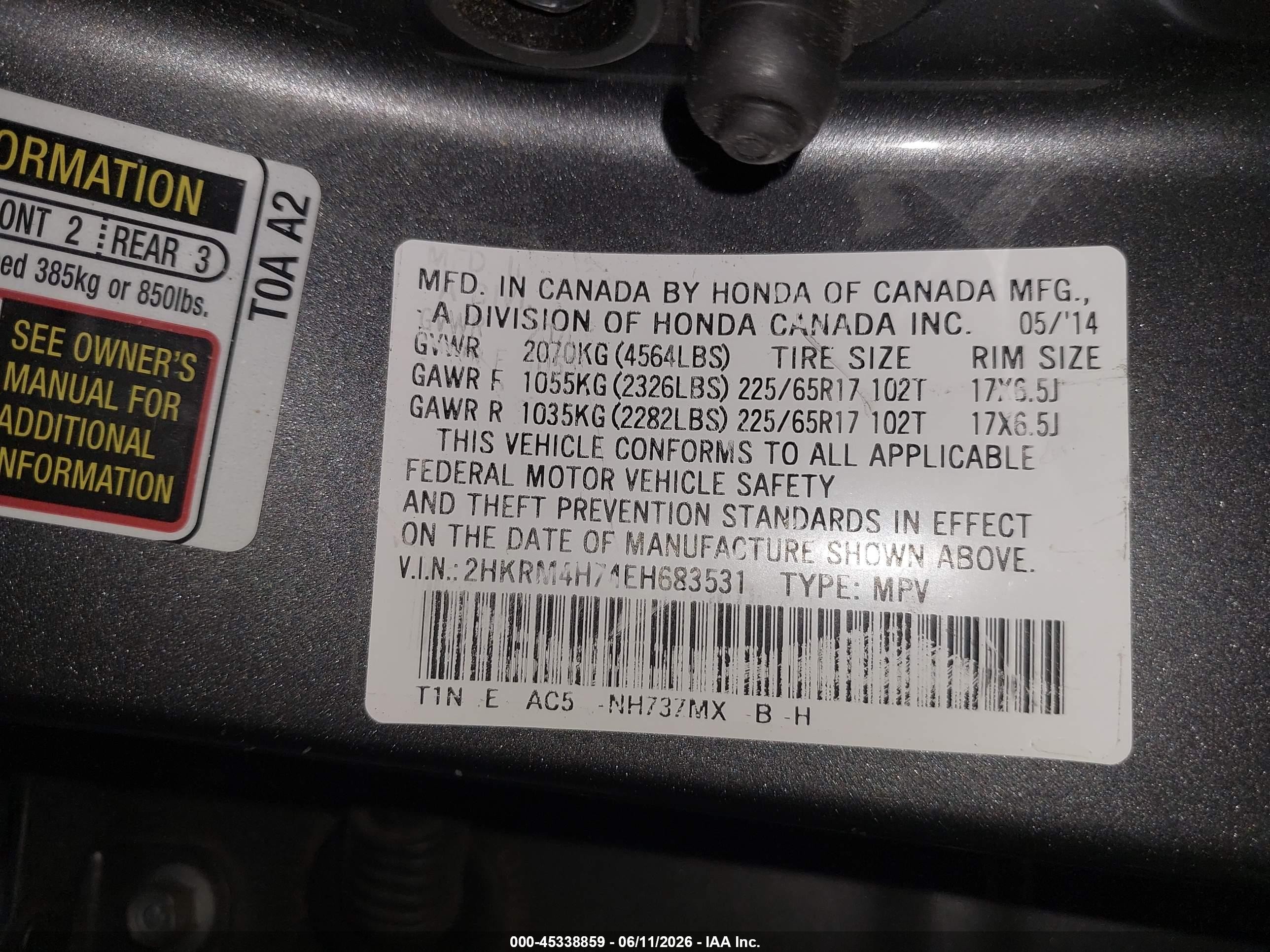 2014 Honda Cr-v Ex-l Gray vin: 2HKRM4H74EH683531