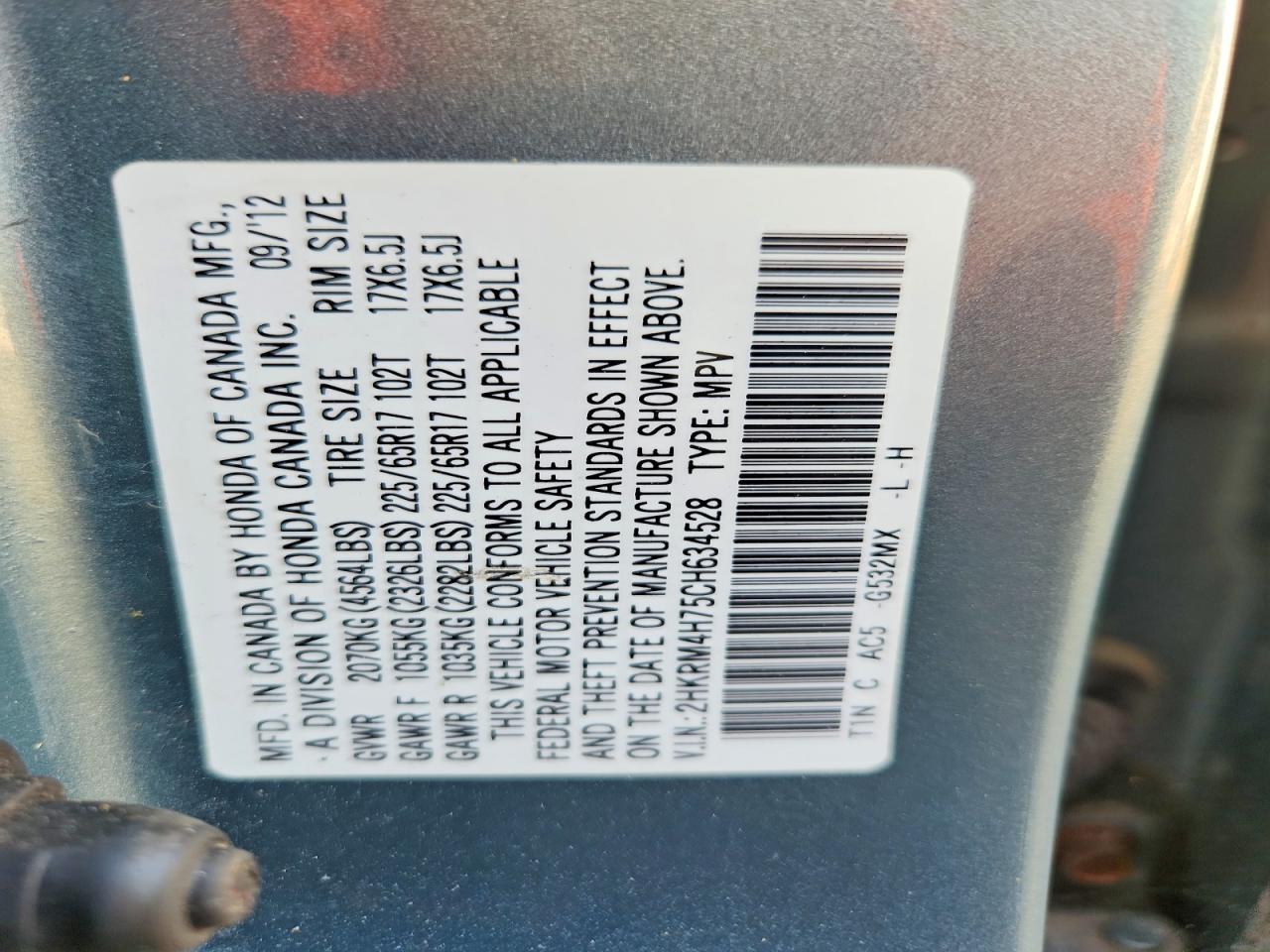 2012 Honda Cr-v Exl Turquoise vin: 2HKRM4H75CH634528