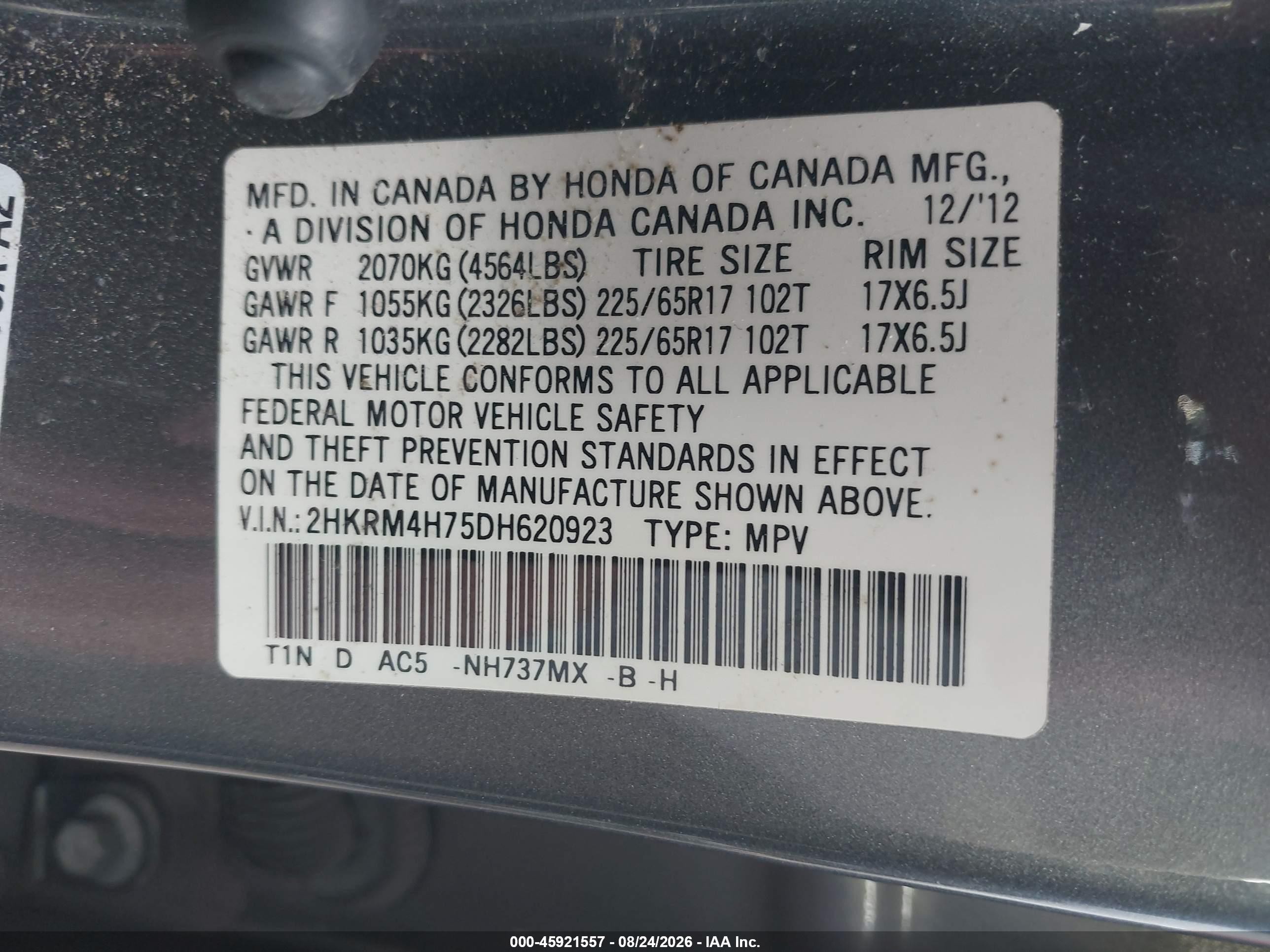 2013 Honda Cr-v Ex-l Gray vin: 2HKRM4H75DH620923