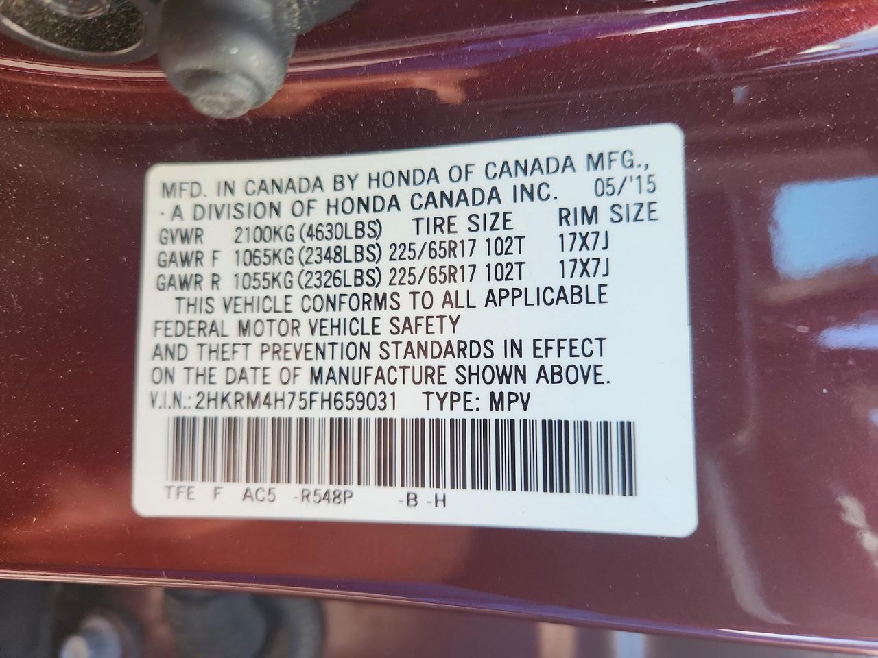 2015 Honda Cr-v Exl Burgundy vin: 2HKRM4H75FH659031
