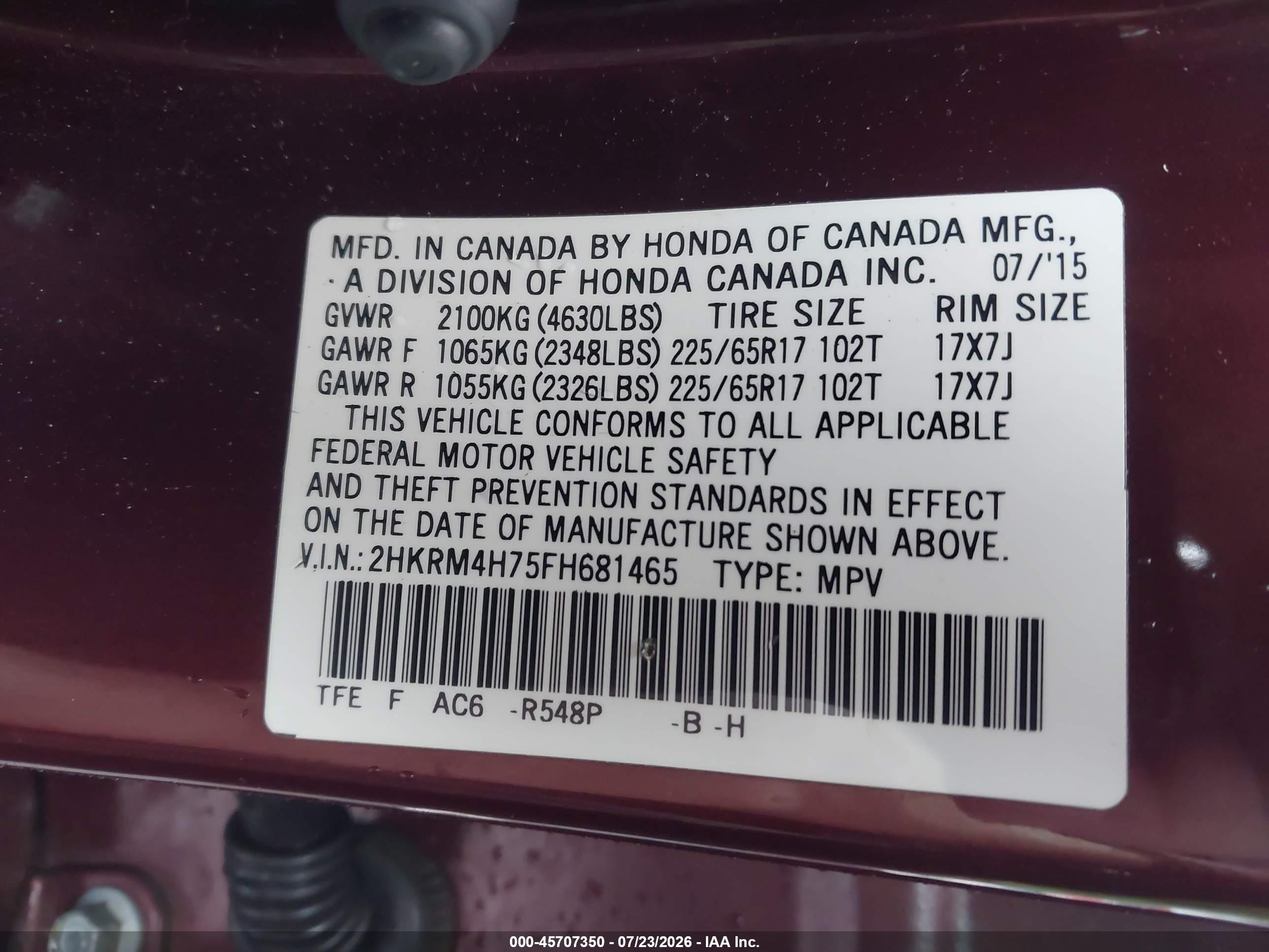 2015 Honda Cr-v Ex-l Burgundy vin: 2HKRM4H75FH681465