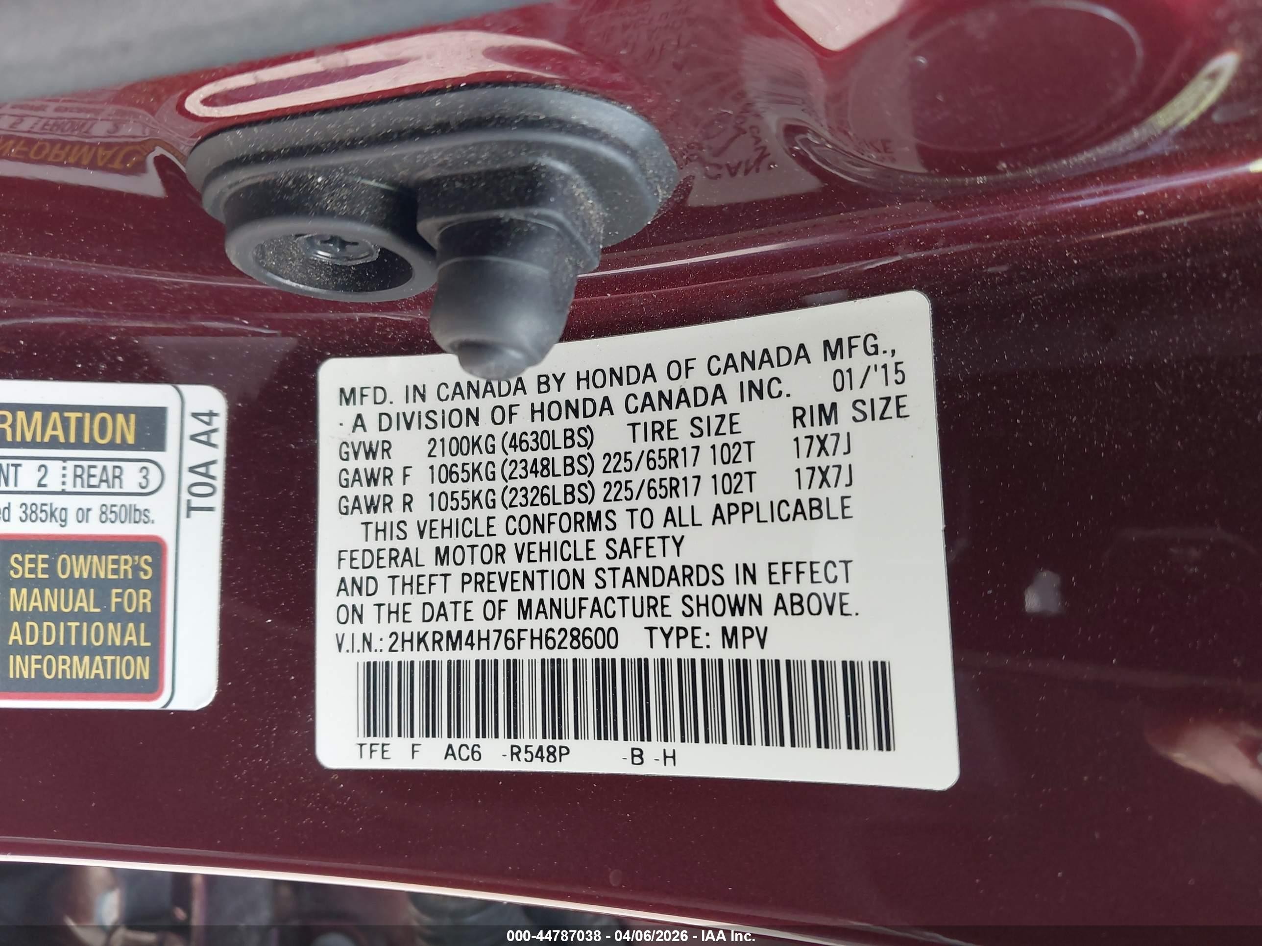 2015 Honda Cr-v Ex-l Burgundy vin: 2HKRM4H76FH628600
