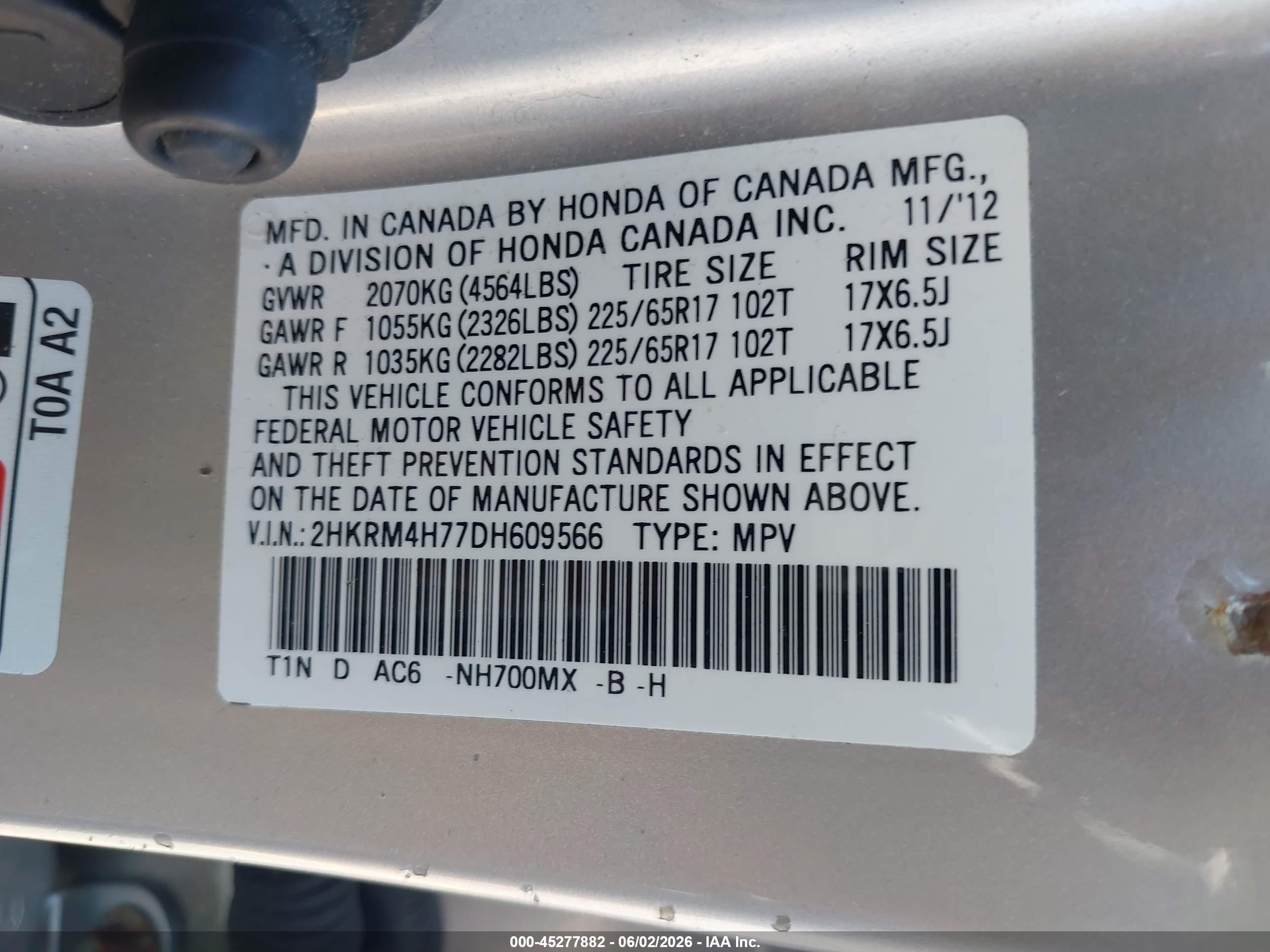 2013 Honda Cr-v Ex-l vin: 2HKRM4H77DH609566
