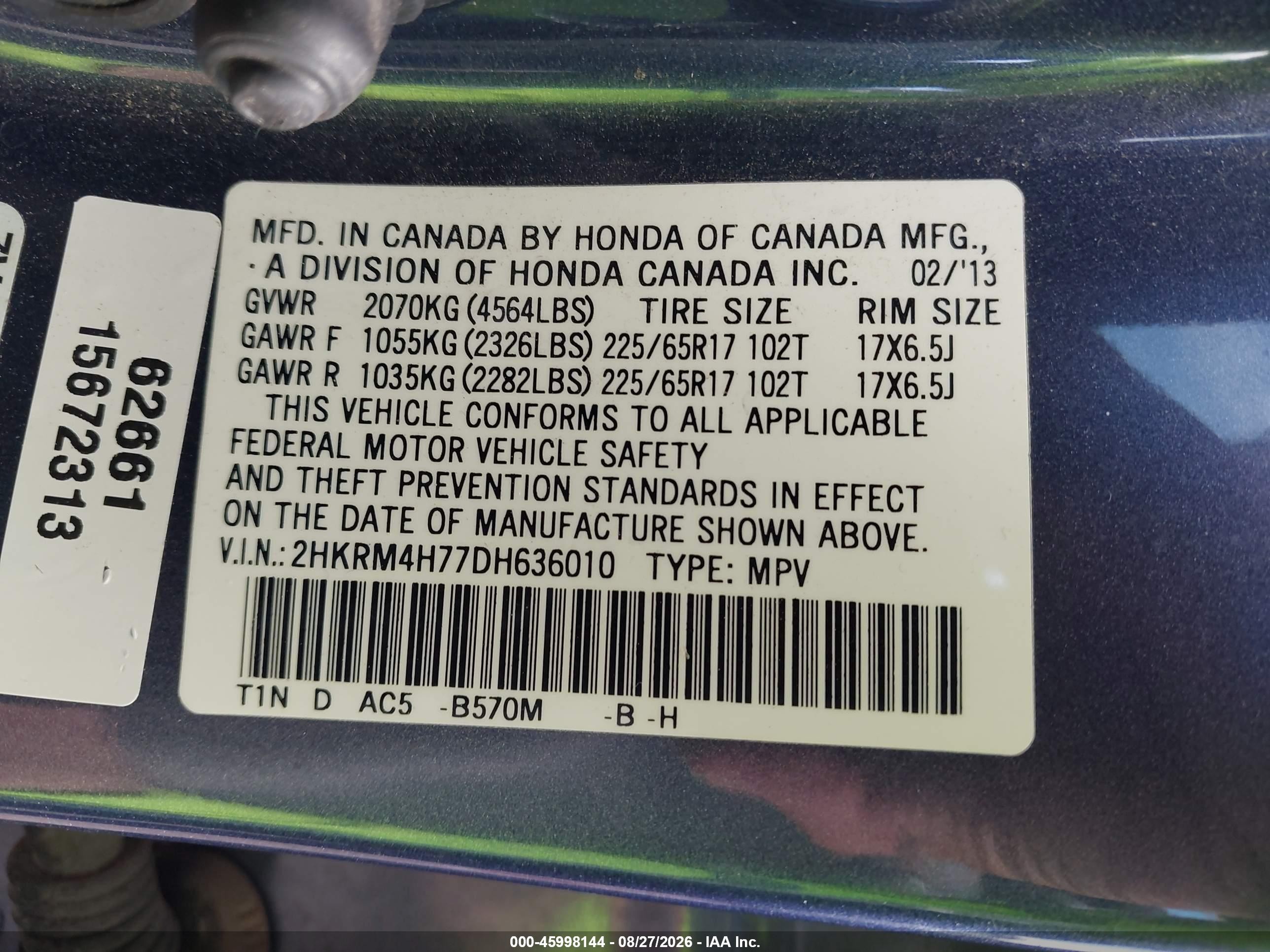 2013 Honda Cr-v Ex-l Blue vin: 2HKRM4H77DH636010