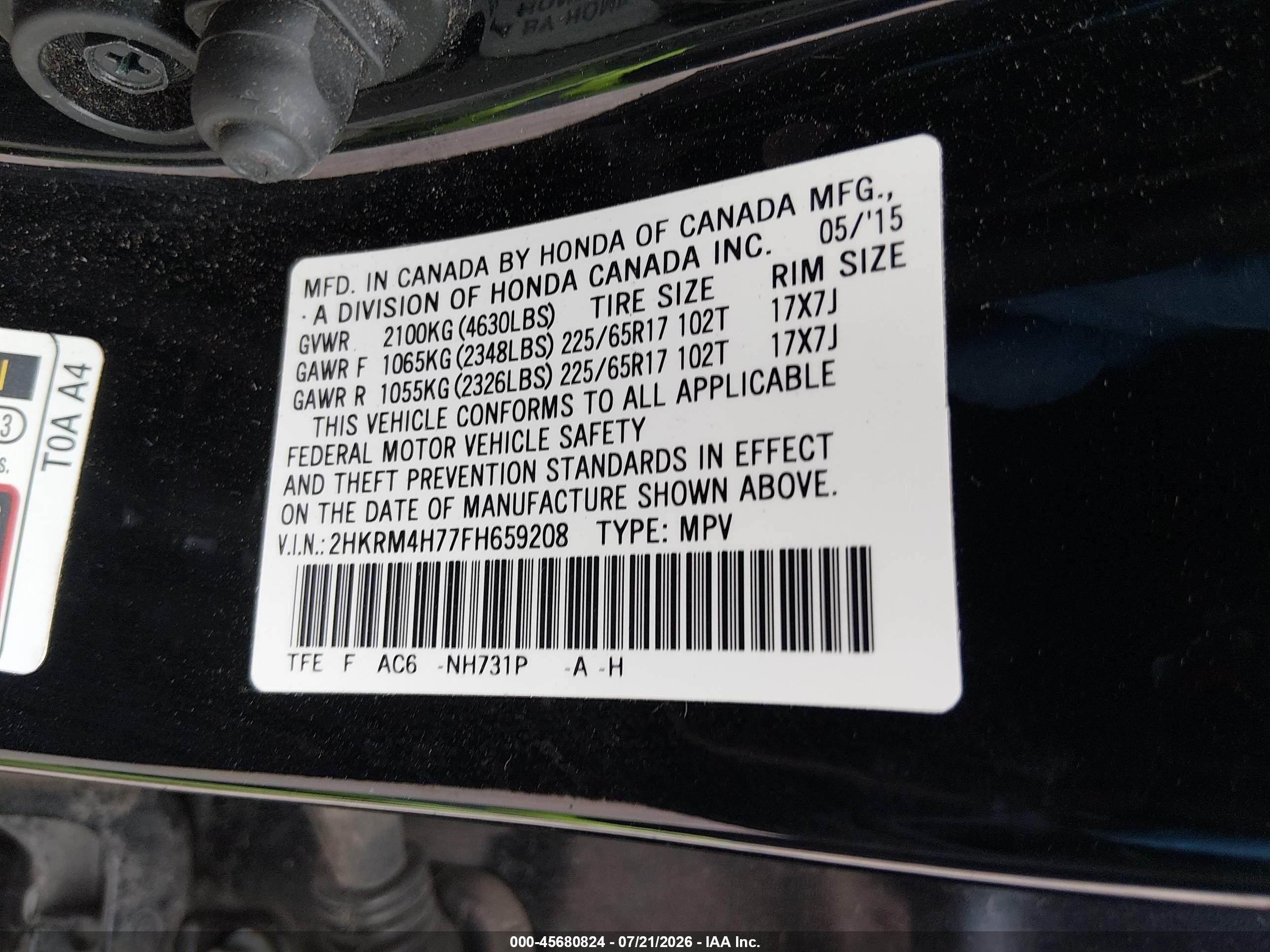 2015 Honda Cr-v Ex-l Black vin: 2HKRM4H77FH659208