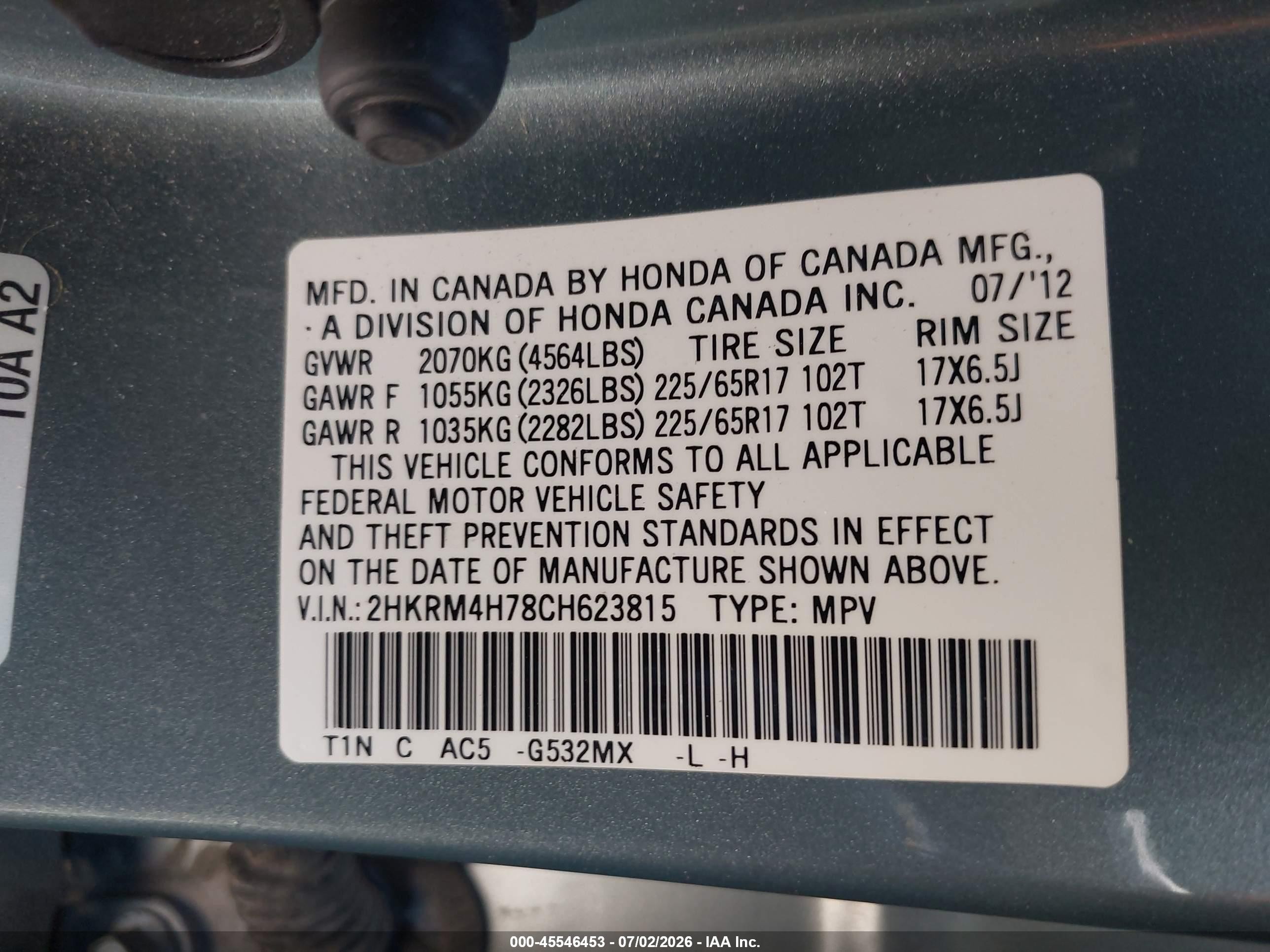 2012 Honda Cr-v Ex-l Teal vin: 2HKRM4H78CH623815