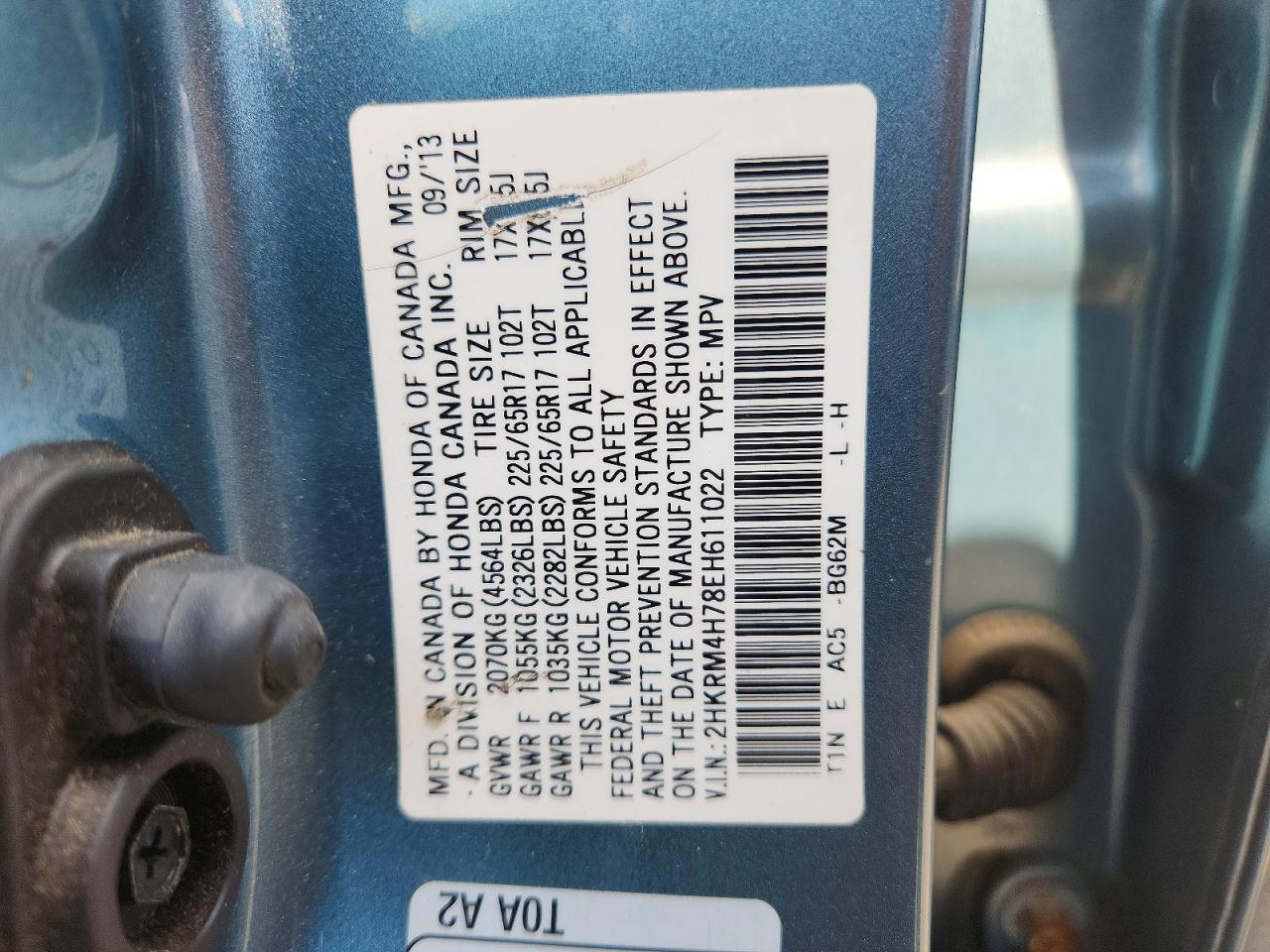 2014 Honda Cr-v Exl Teal vin: 2HKRM4H78EH611022