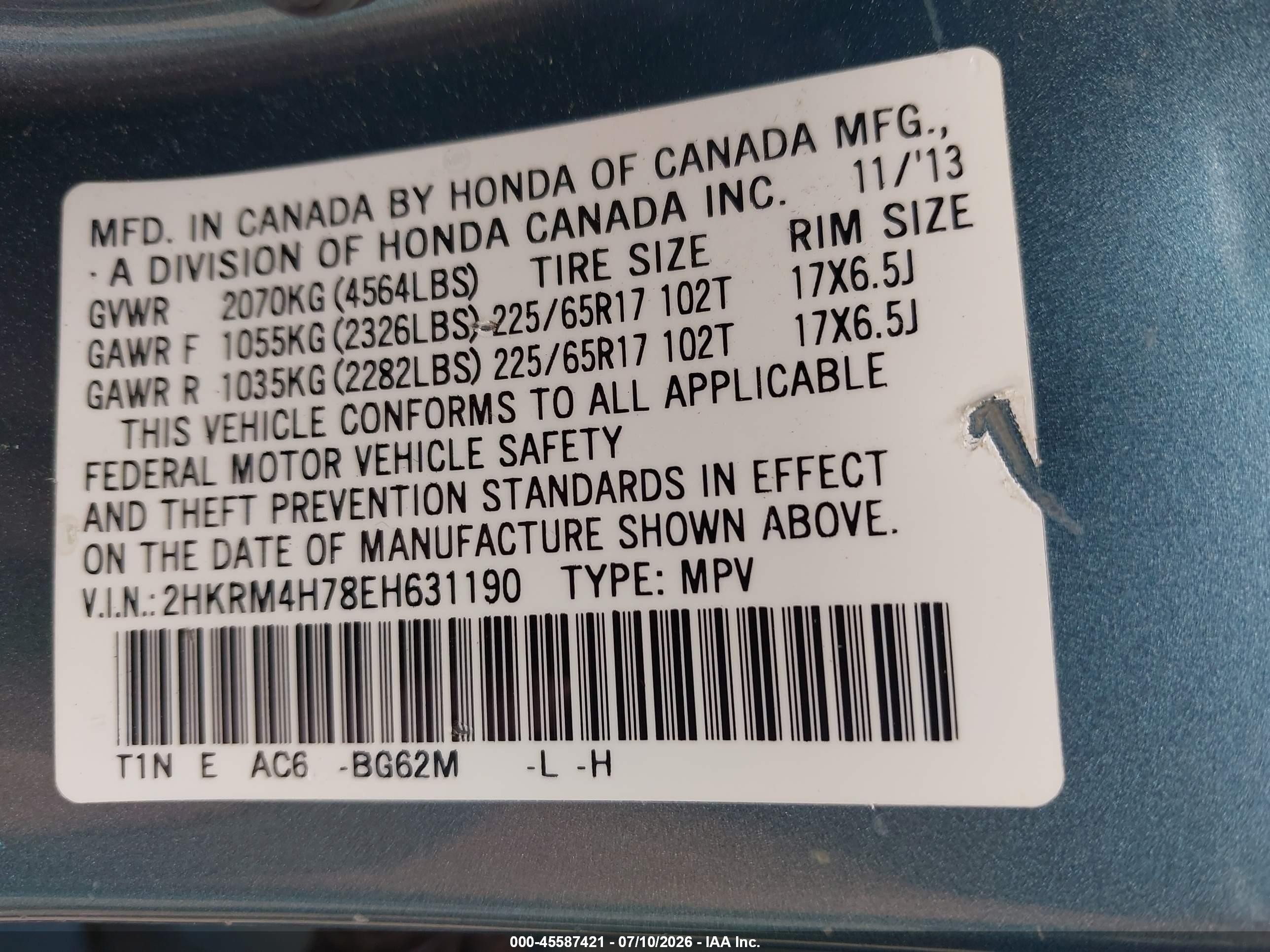 2014 Honda Cr-v Ex-l Light Blue vin: 2HKRM4H78EH631190