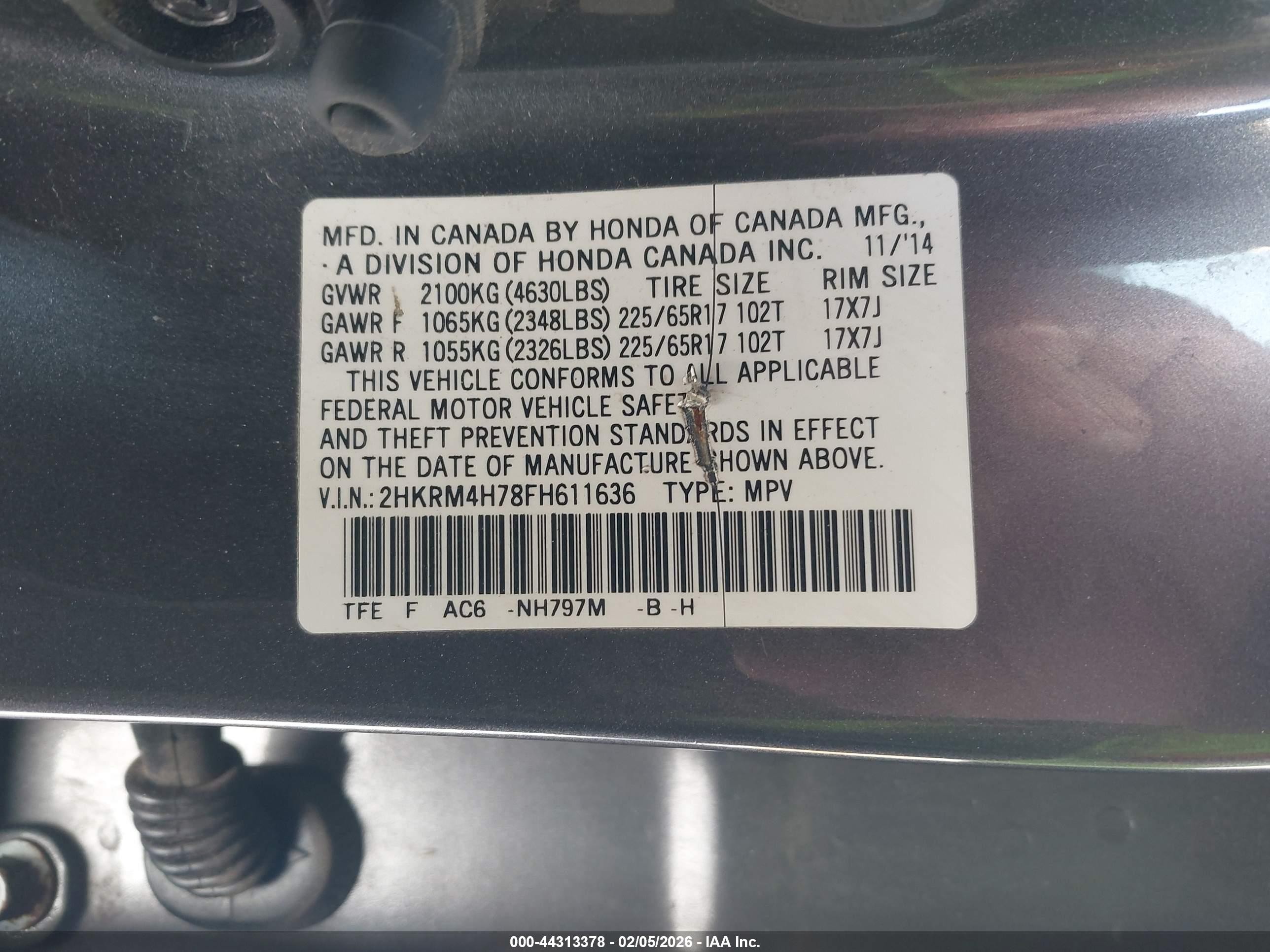 2015 Honda Cr-v Ex-l Серый vin: 2HKRM4H78FH611636