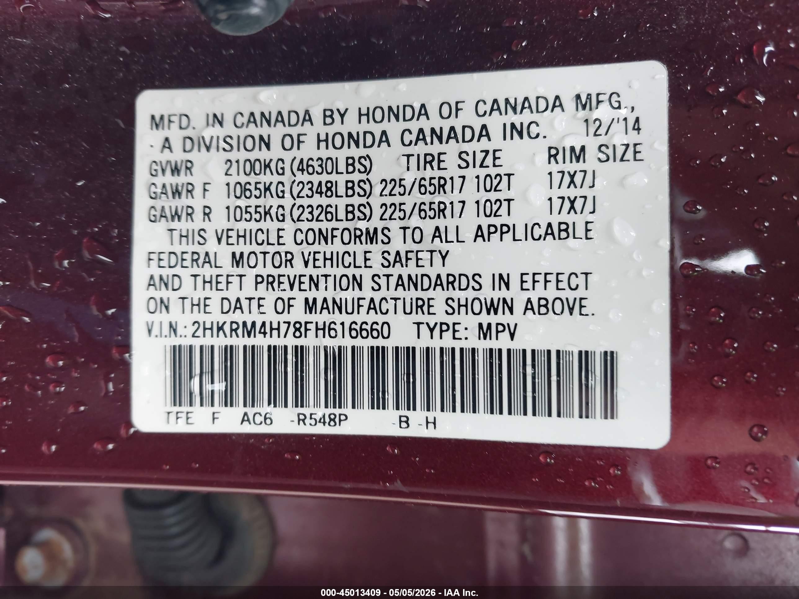 2015 Honda Cr-v Ex-l Maroon vin: 2HKRM4H78FH616660