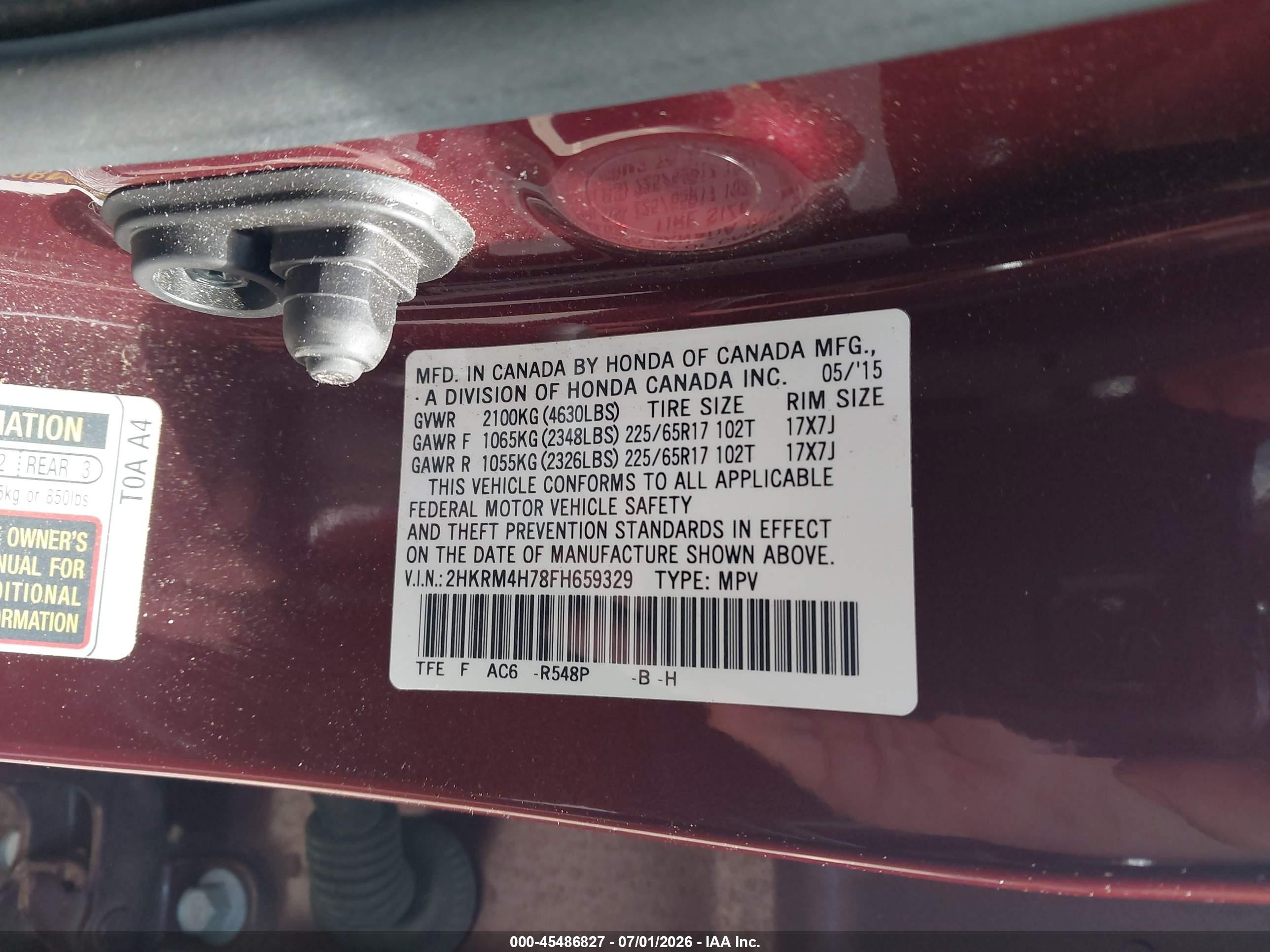 2015 Honda Cr-v Ex-l Red vin: 2HKRM4H78FH659329