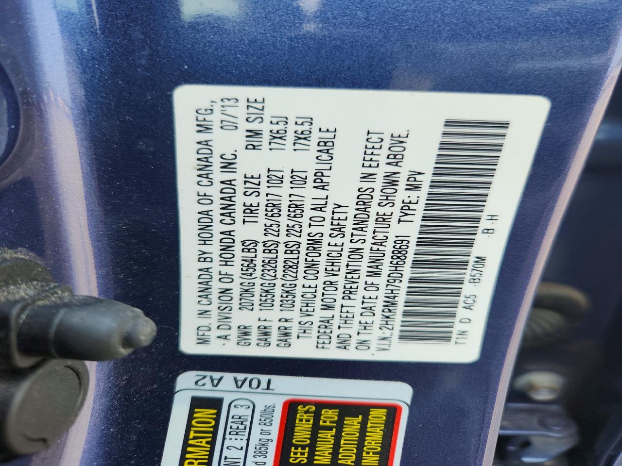 2013 Honda Cr-v Exl Blue vin: 2HKRM4H79DH688691