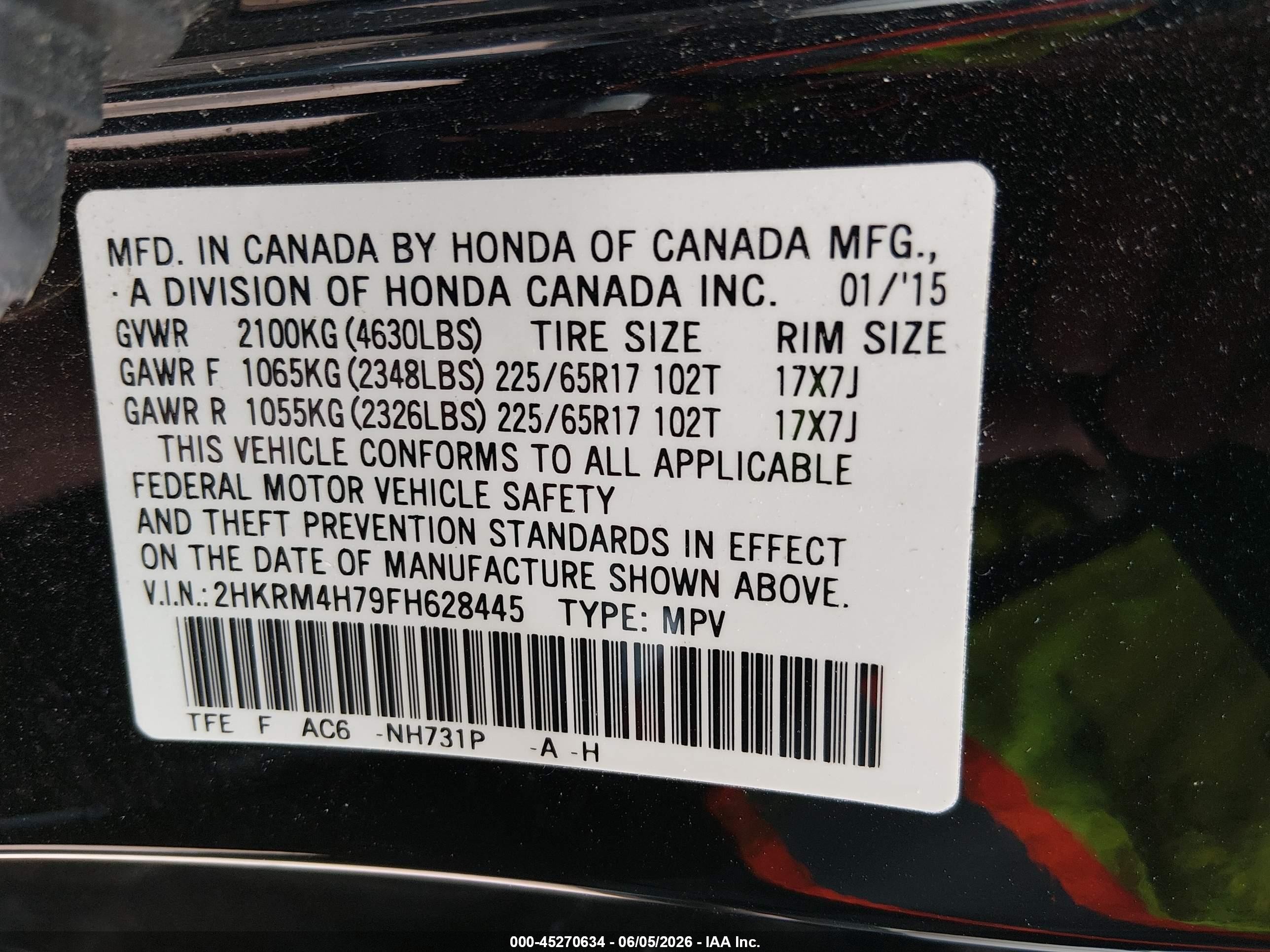 2015 Honda Cr-v Ex-l Black vin: 2HKRM4H79FH628445