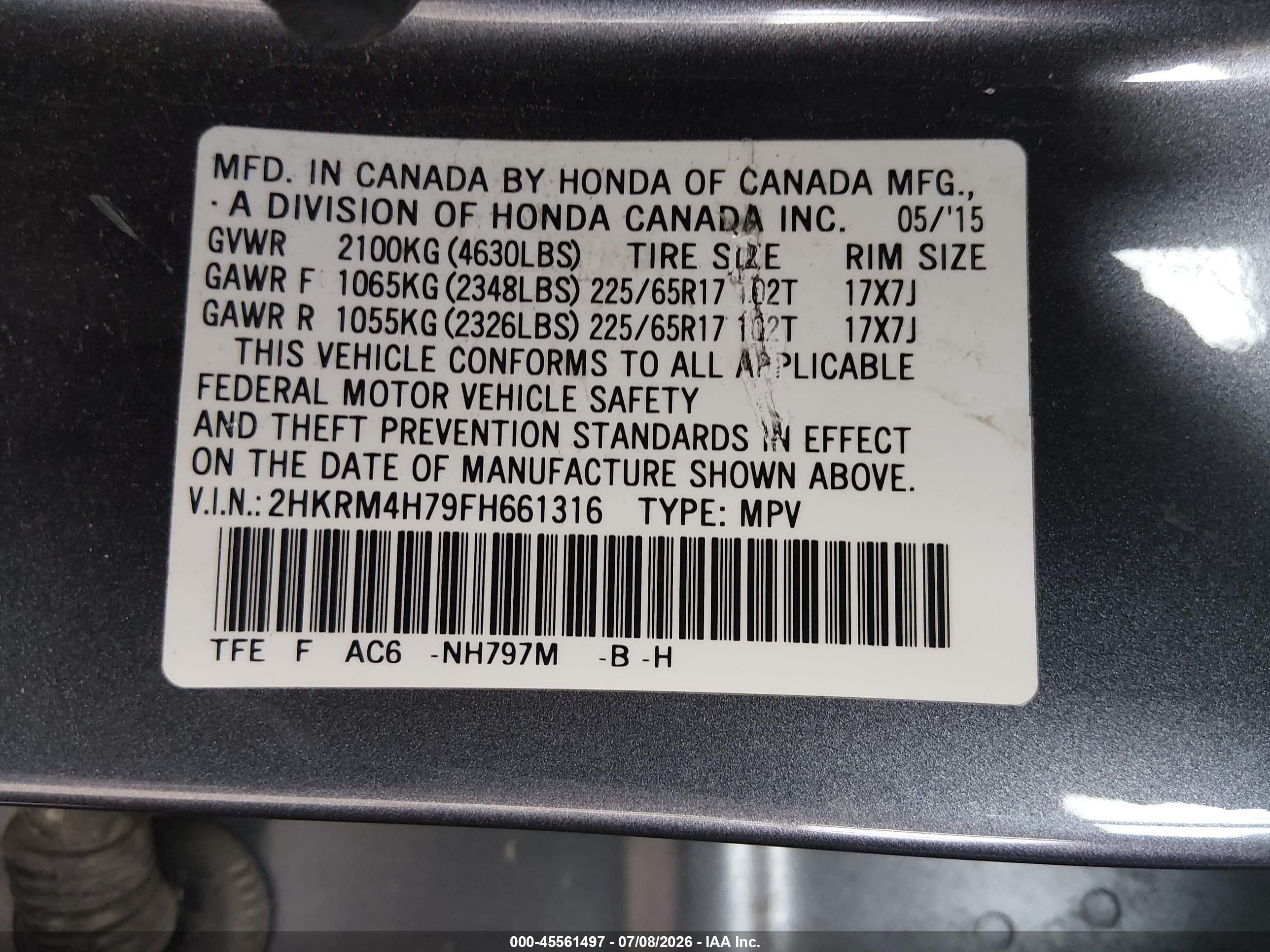 2015 Honda Cr-v Ex-l Gray vin: 2HKRM4H79FH661316
