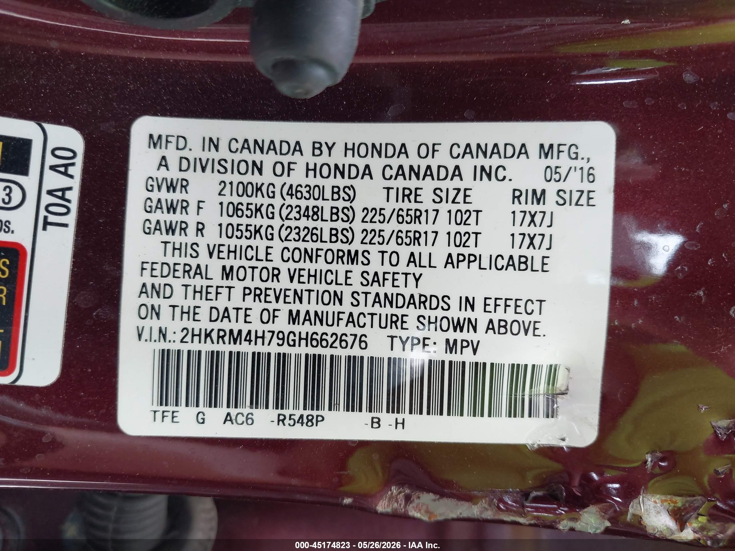 2016 Honda Cr-v Ex-l Red vin: 2HKRM4H79GH662676