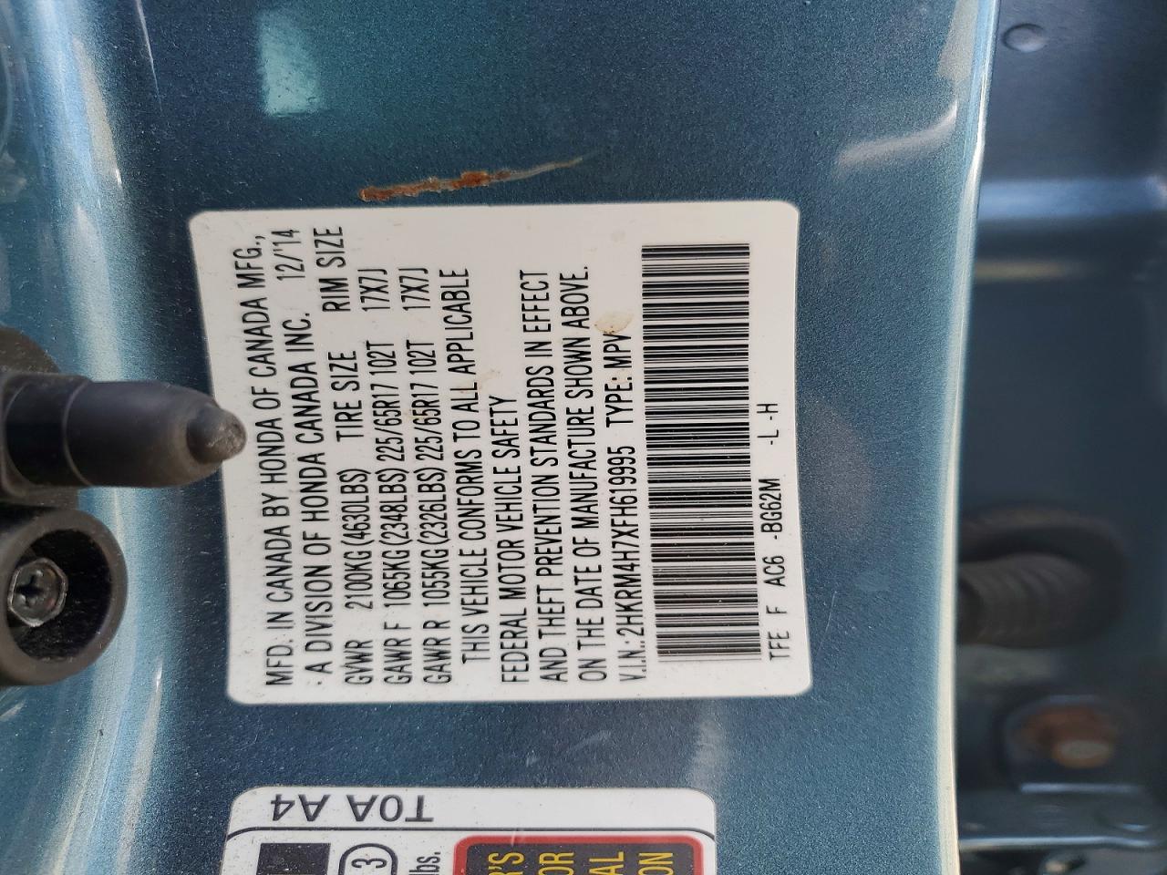 2015 Honda Cr-v Exl Blue vin: 2HKRM4H7XFH619995