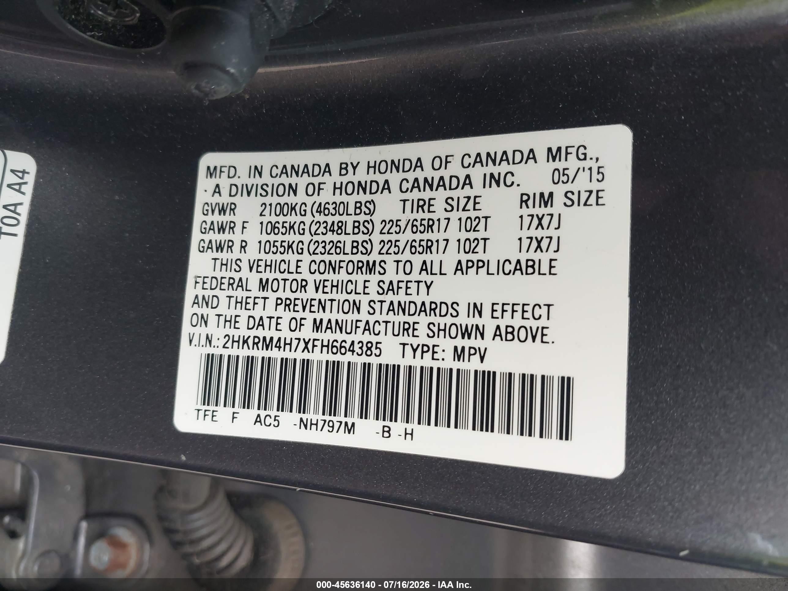 2015 Honda Cr-v Ex-l Серый vin: 2HKRM4H7XFH664385