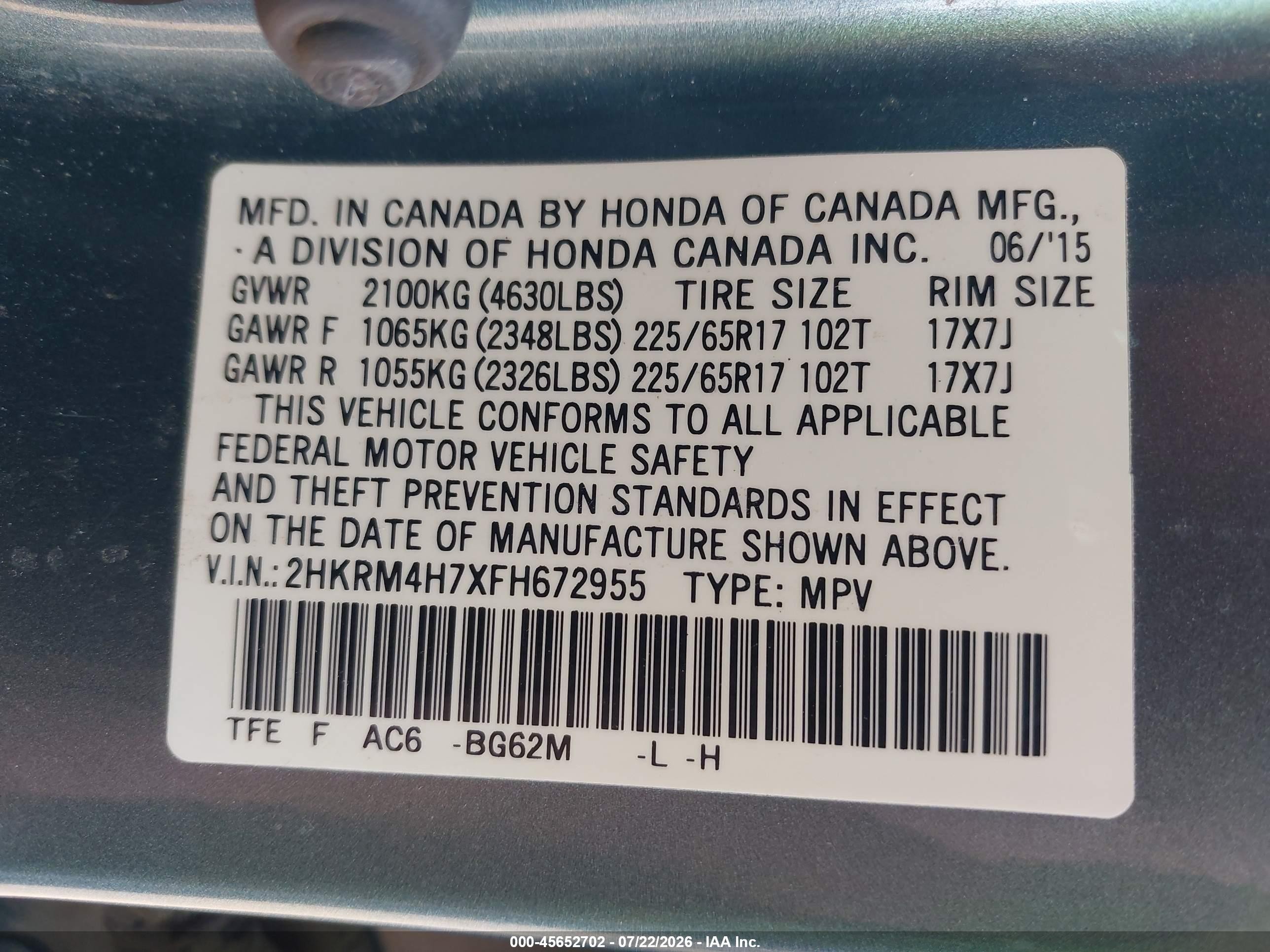 2015 Honda Cr-v Ex-l Light Blue vin: 2HKRM4H7XFH672955