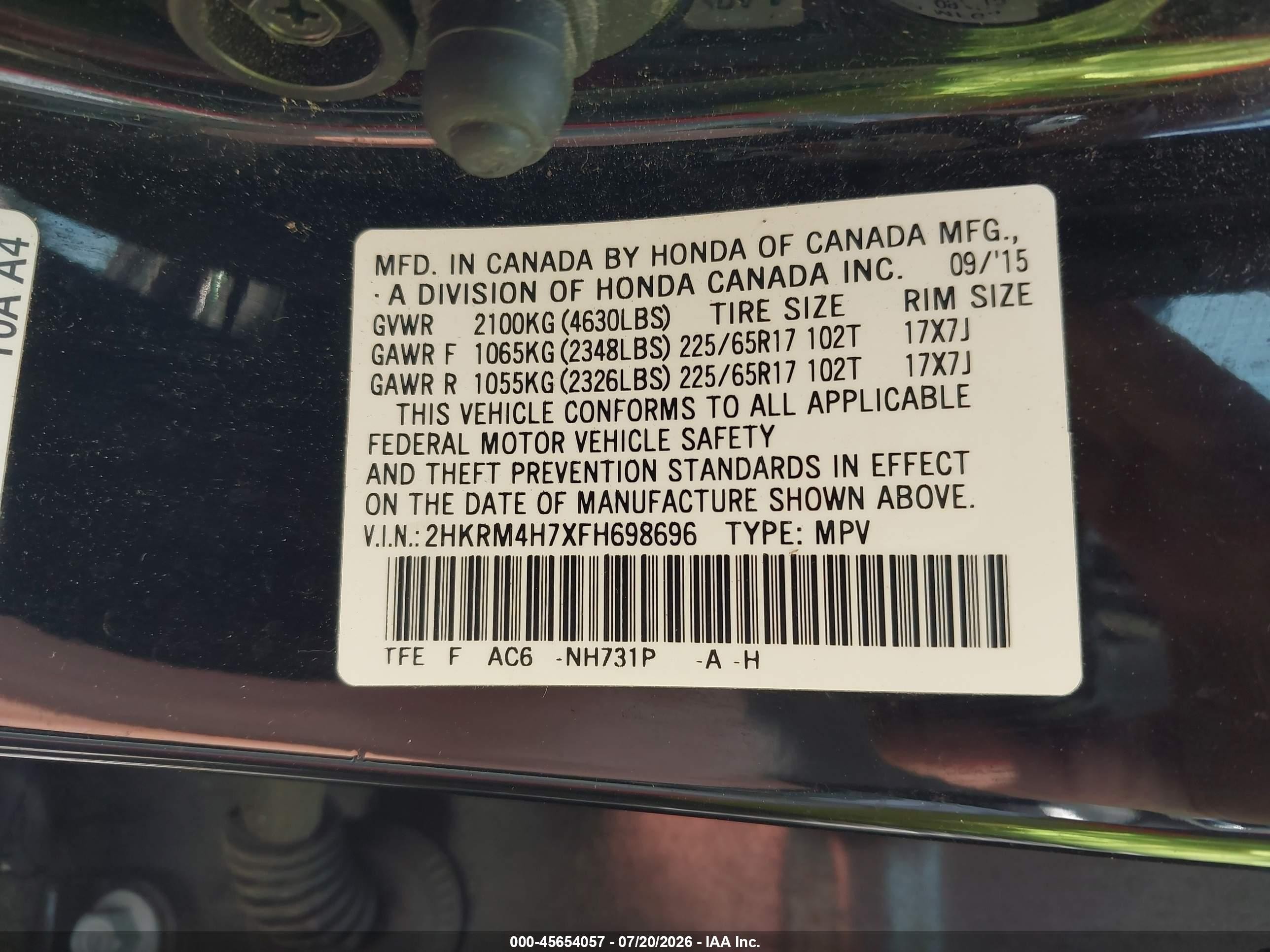 2015 Honda Cr-v Ex-l Black vin: 2HKRM4H7XFH698696