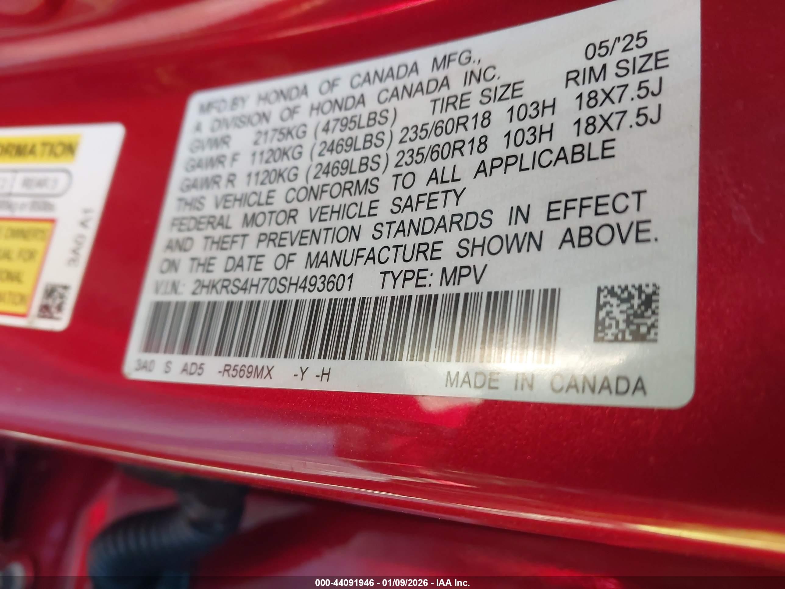 2025 Honda Cr-v Ex-l Awd Red vin: 2HKRS4H70SH493601