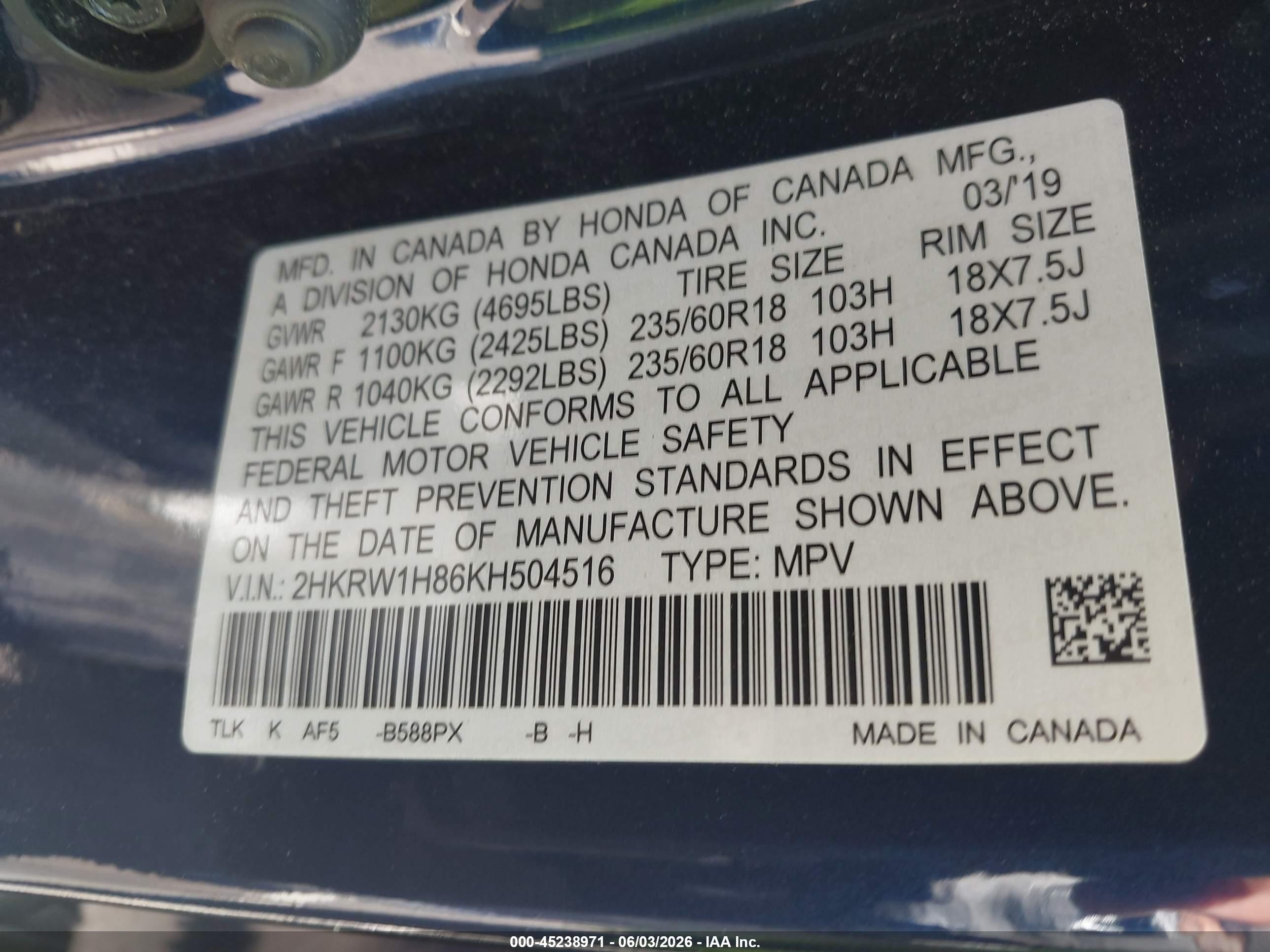 2019 Honda Cr-v Ex-l Blue vin: 2HKRW1H86KH504516