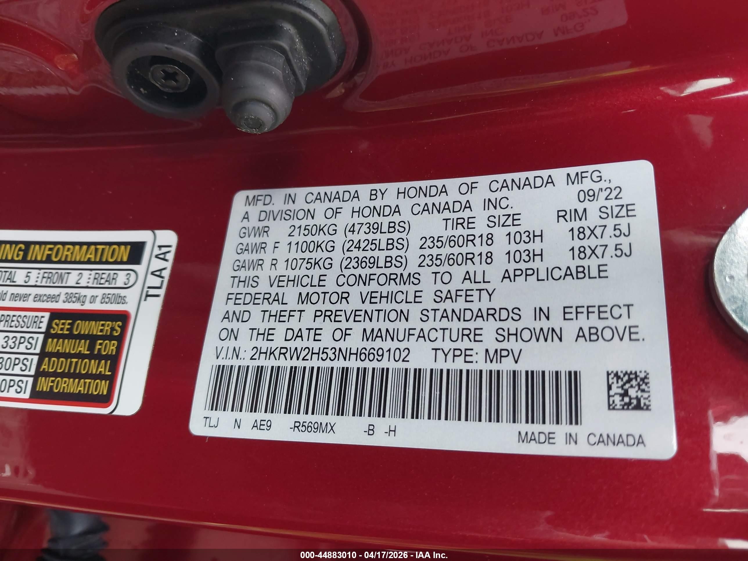 2022 Honda Cr-v Awd Ex vin: 2HKRW2H53NH669102