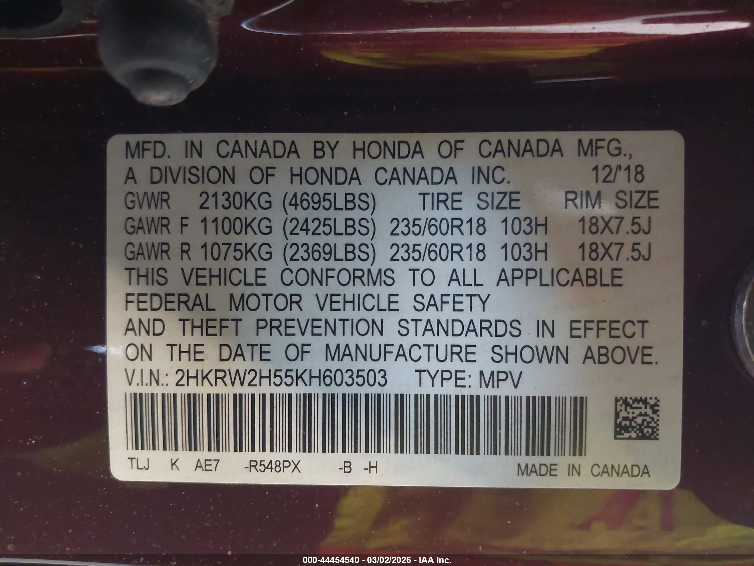 2019 Honda Cr-v Ex Burgundy vin: 2HKRW2H55KH603503
