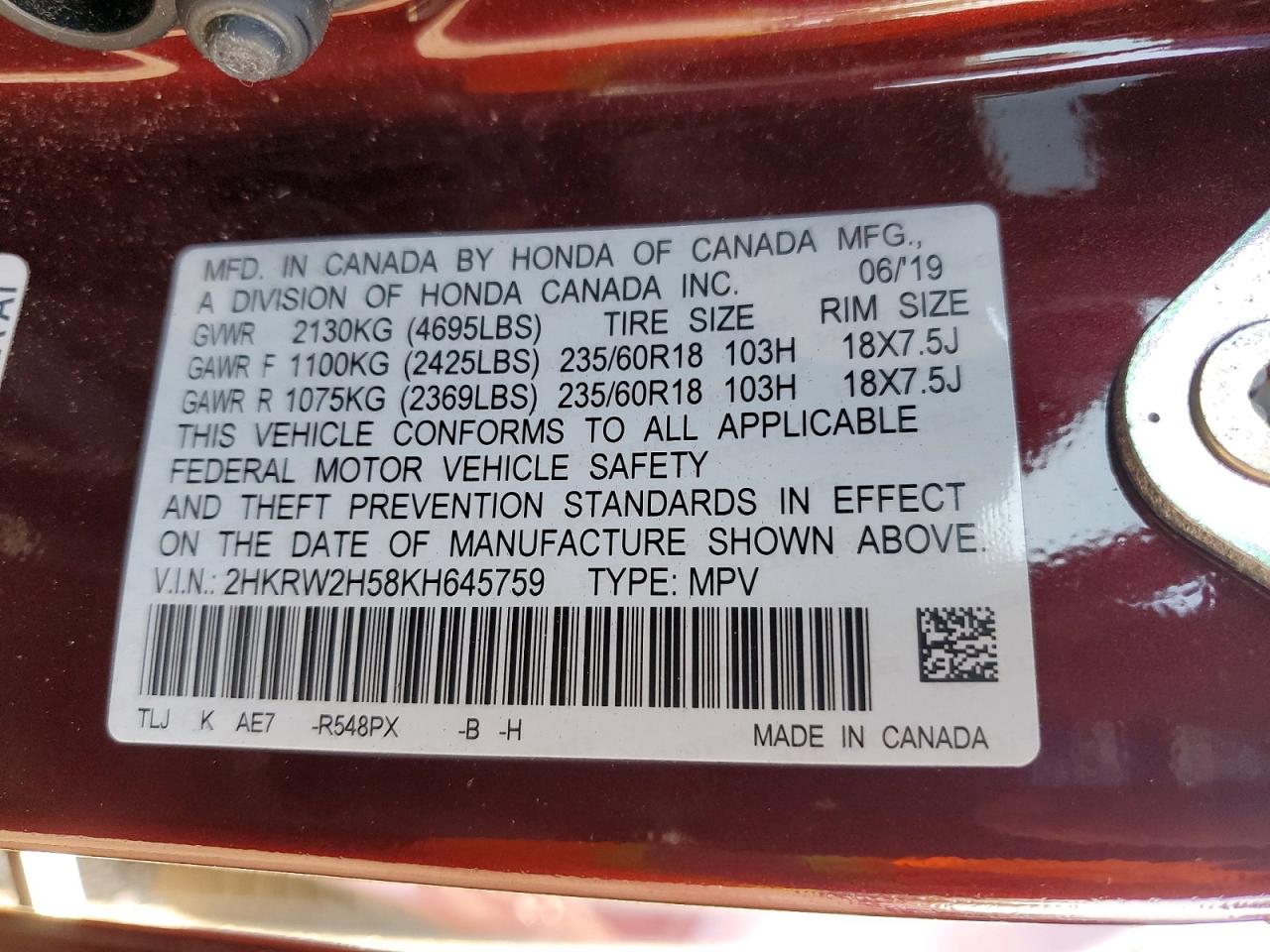 2019 Honda Cr-v Ex Burgundy vin: 2HKRW2H58KH645759