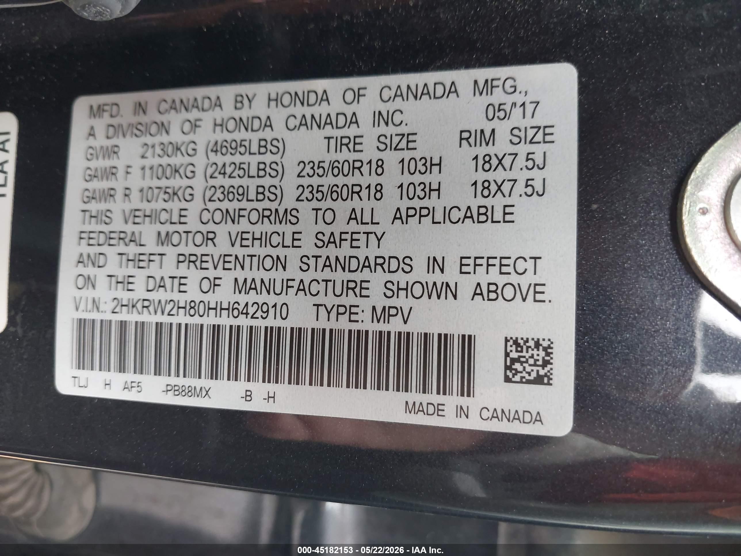 2017 Honda Cr-v Ex-l/ex-l Navi Gray vin: 2HKRW2H80HH642910
