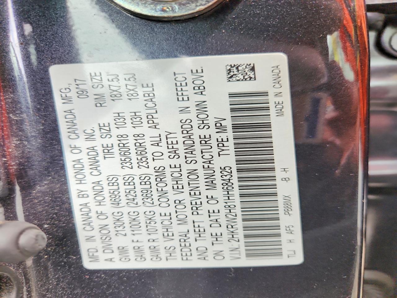 2017 Honda Cr-v Exl Charcoal vin: 2HKRW2H81HH684325
