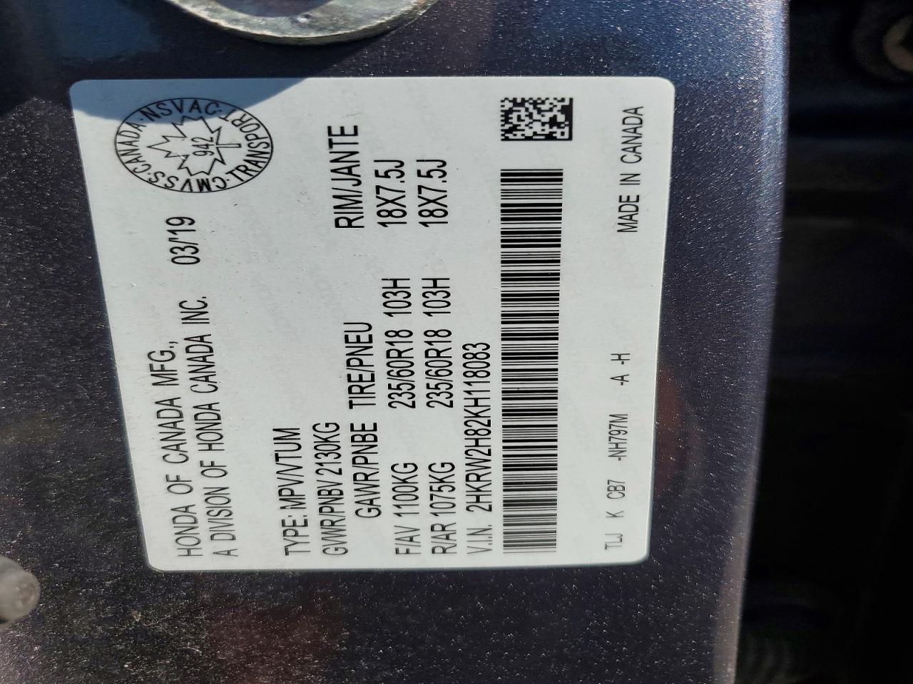 2019 Honda Cr-v Exl Gray vin: 2HKRW2H82KH118083