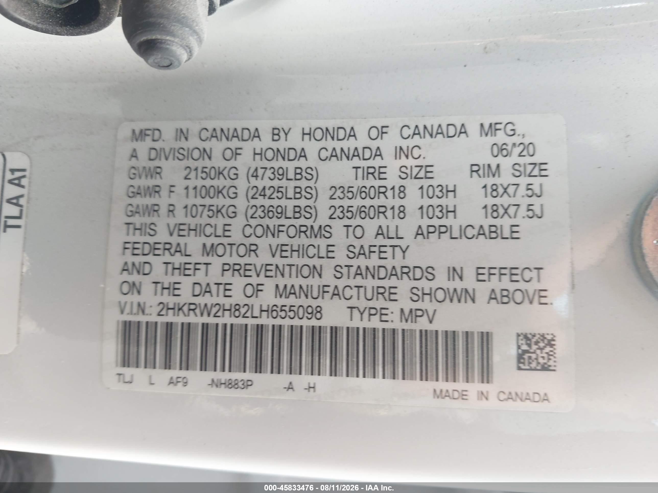 2020 Honda Cr-v Awd Ex-l White vin: 2HKRW2H82LH655098