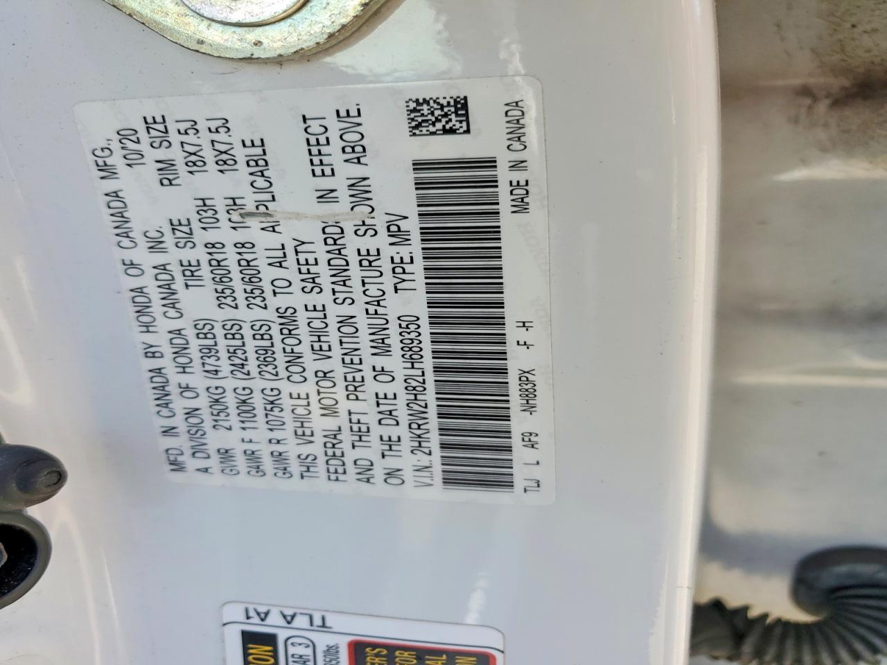 2020 Honda Cr-v Exl White vin: 2HKRW2H82LH689350