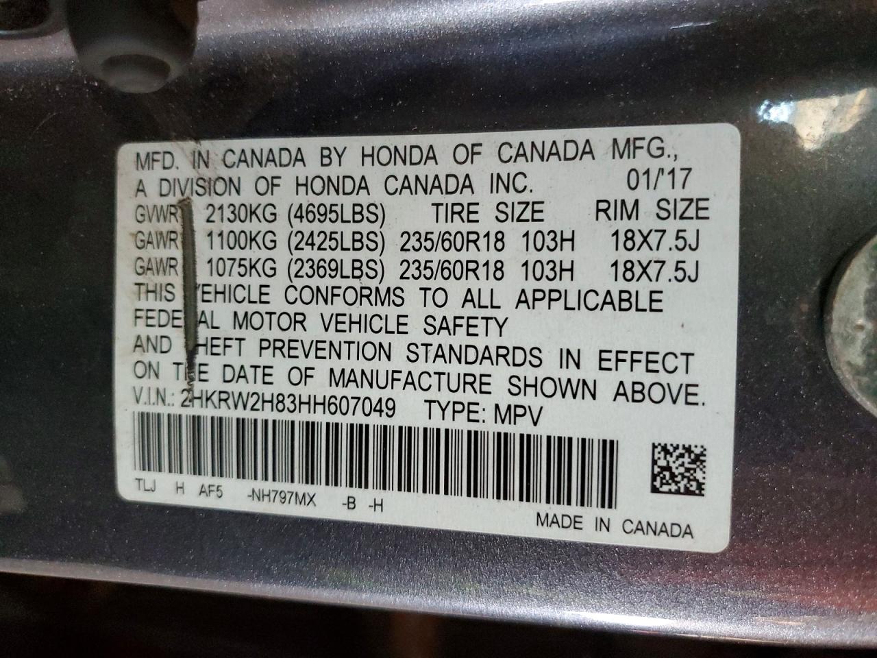 2017 Honda Cr-v Exl Charcoal vin: 2HKRW2H83HH607049