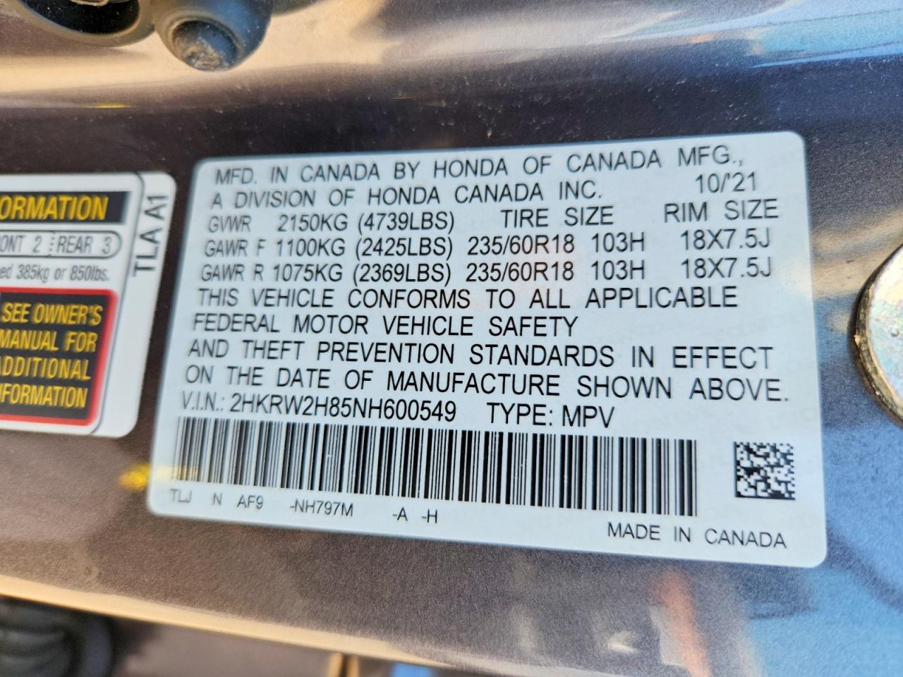 2022 Honda Cr-v Exl Серый vin: 2HKRW2H85NH600549