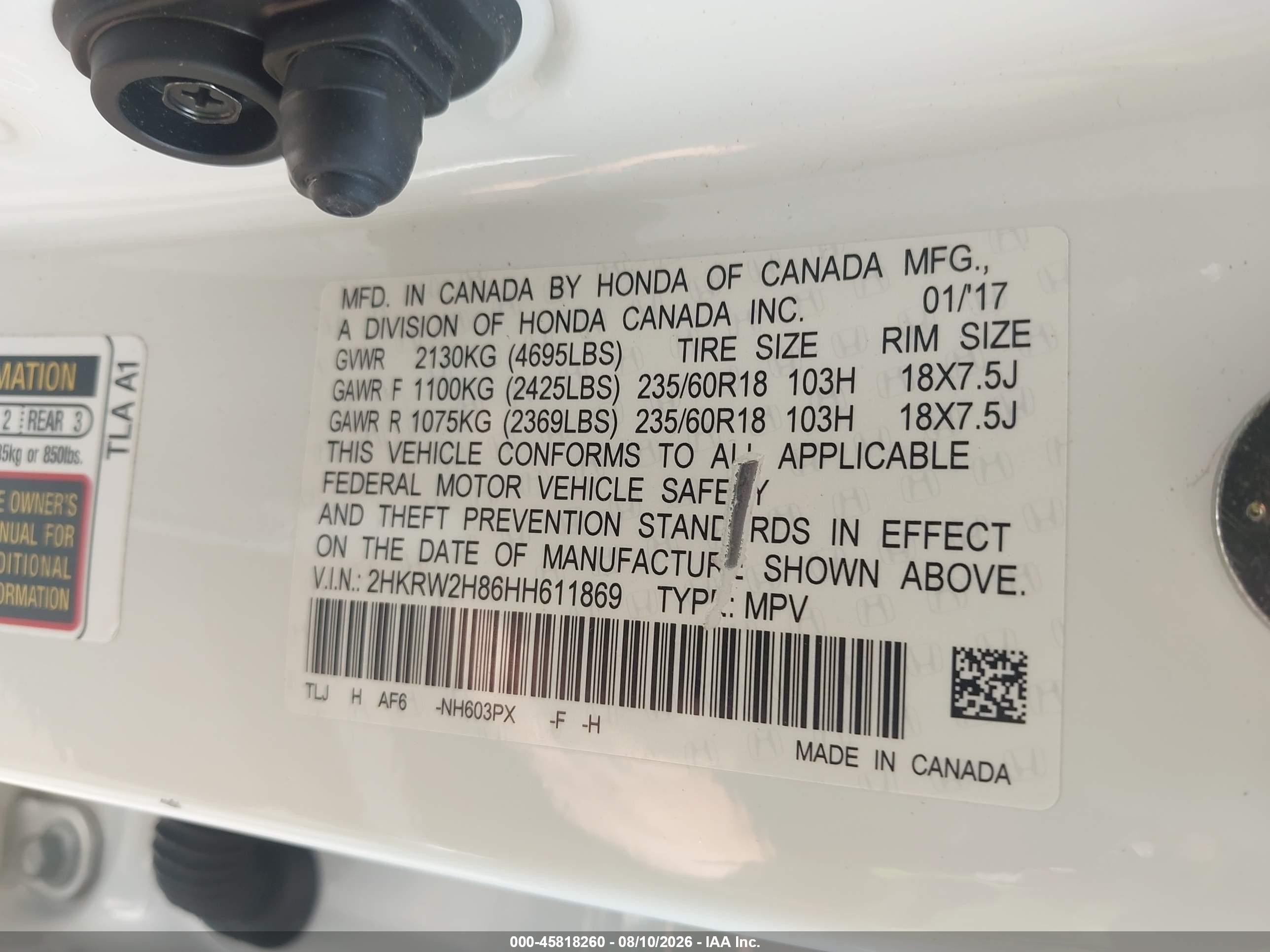 2017 Honda Cr-v Ex-l/ex-l Navi White vin: 2HKRW2H86HH611869