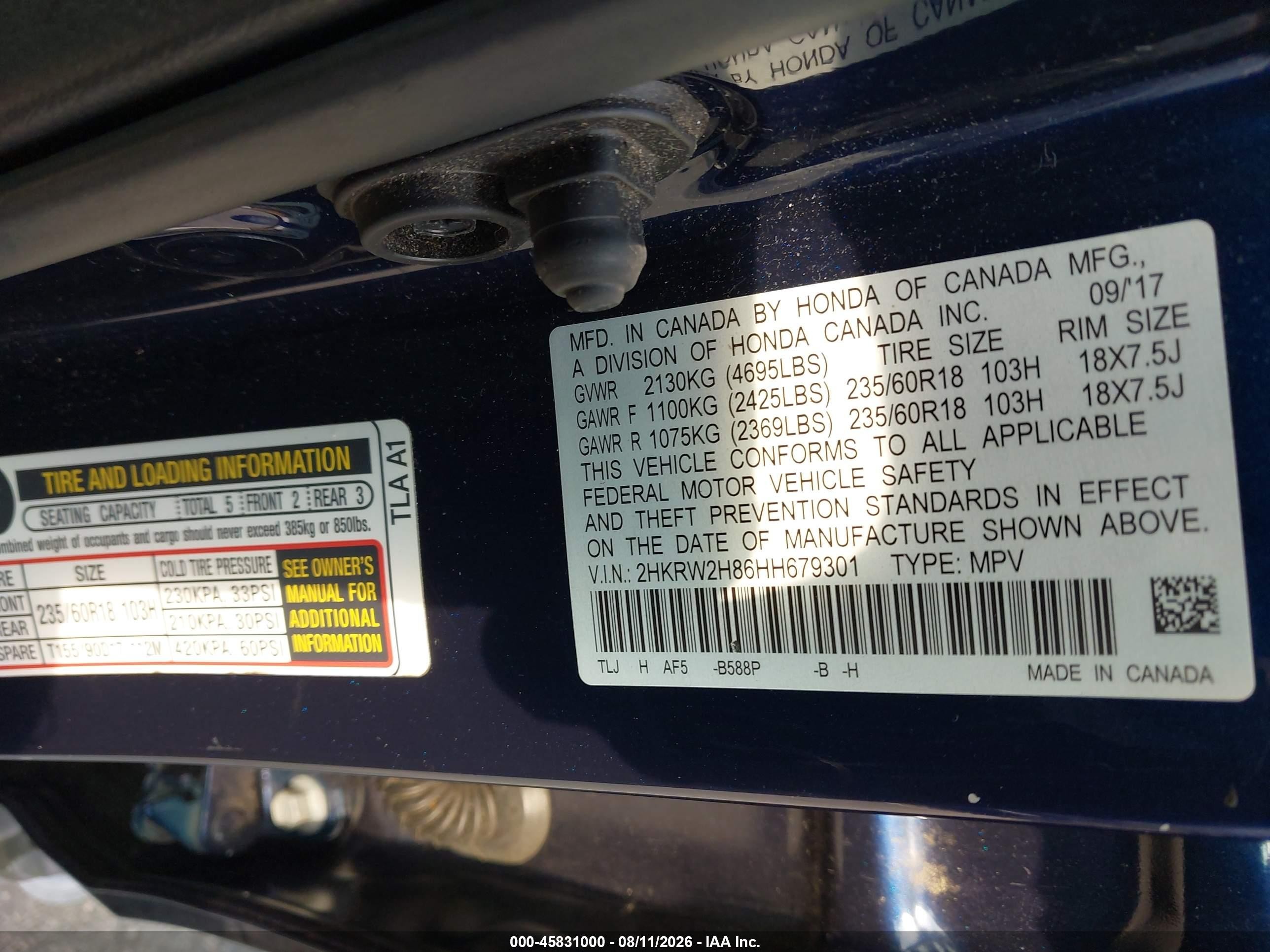 2017 Honda Cr-v Ex-l/ex-l Navi Dark Blue vin: 2HKRW2H86HH679301